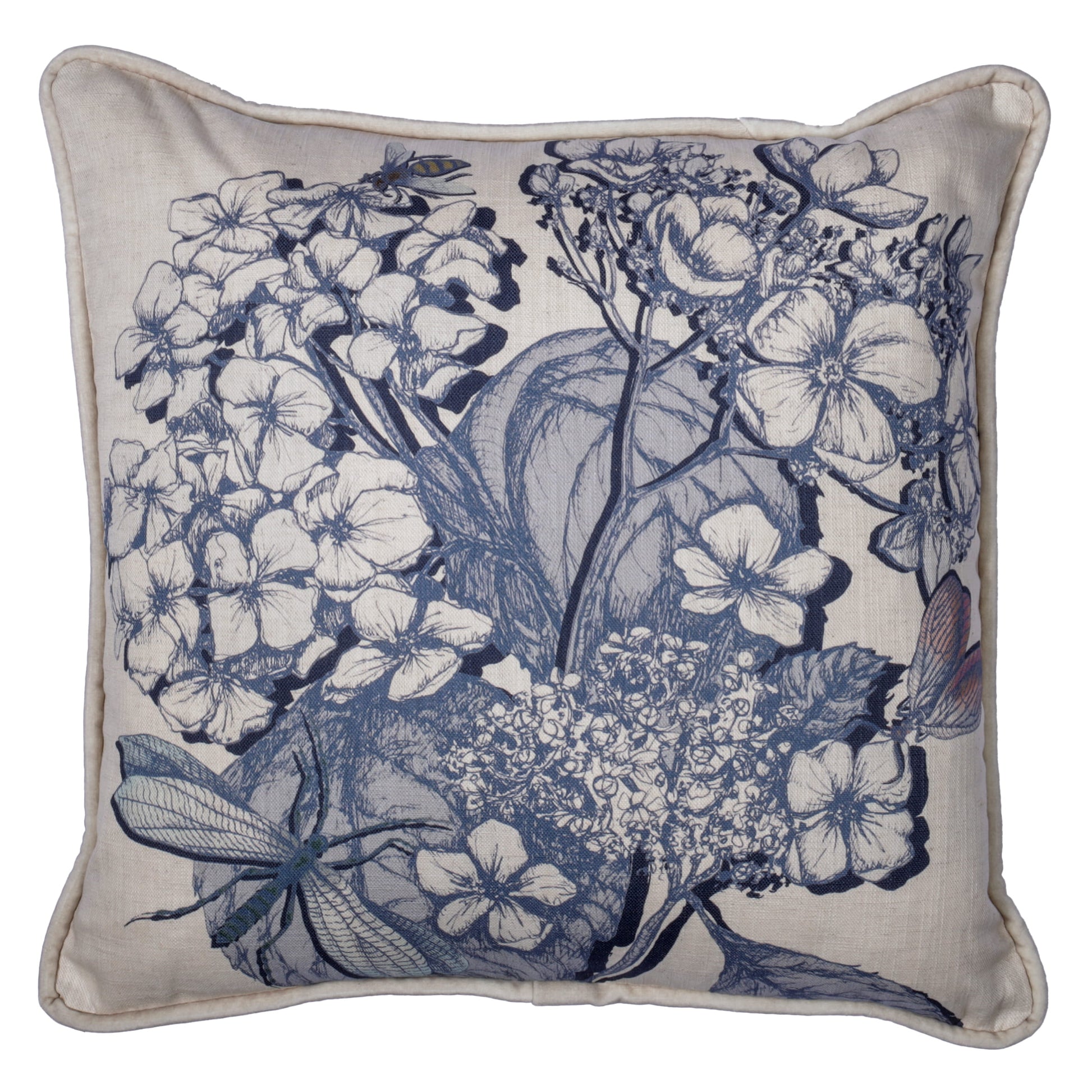 Decorative pillow with blue  hydrangea design on a white background