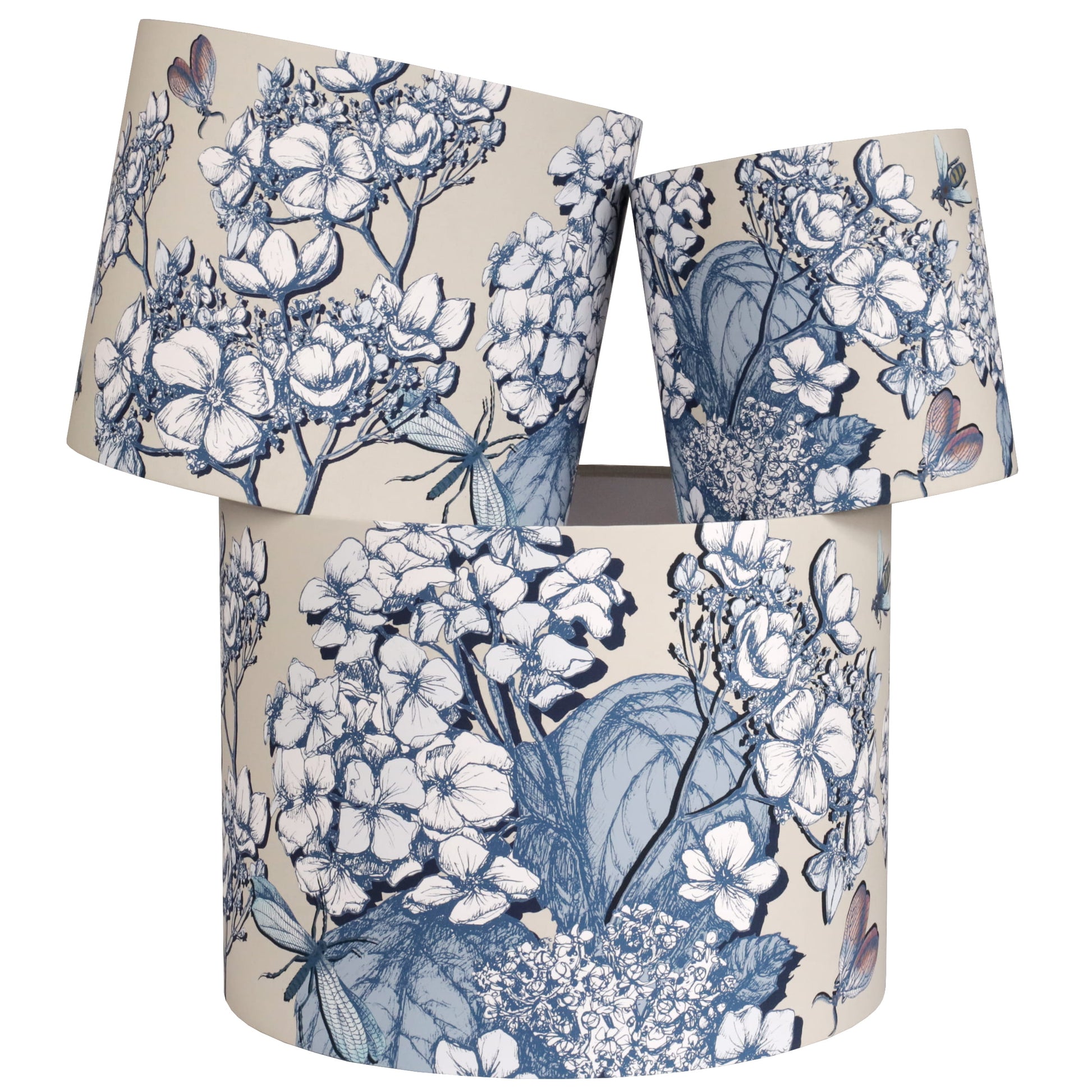 Set of 3 hydrangea patterned lampshades on a white background