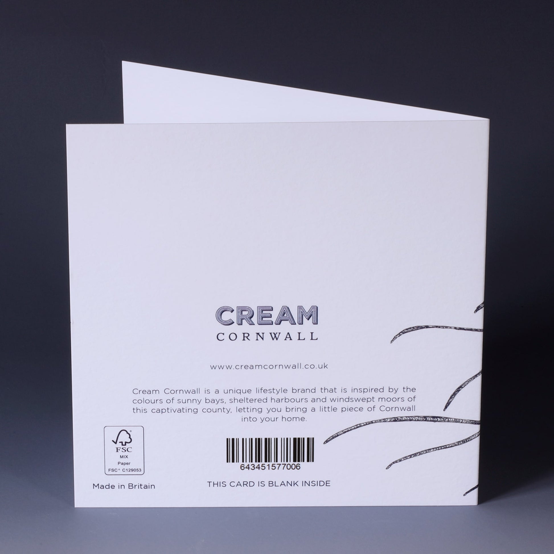 back of greeting card with illustrated navy jellyfish which looks like it's dancing on a white background