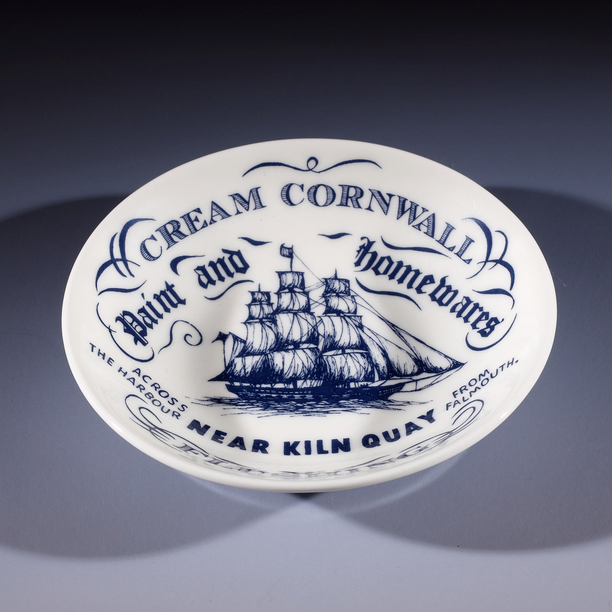 Nibbles bowl in Bone China in our Classic range in Navy and white in the Flushing design featuring a packet ship and other information 