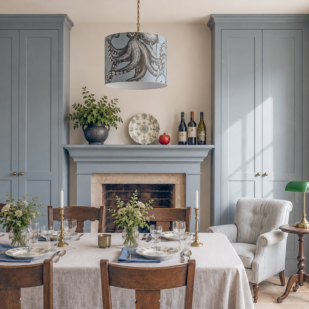Dining room with a fireplace, table set for dinner, and gray cabinets.