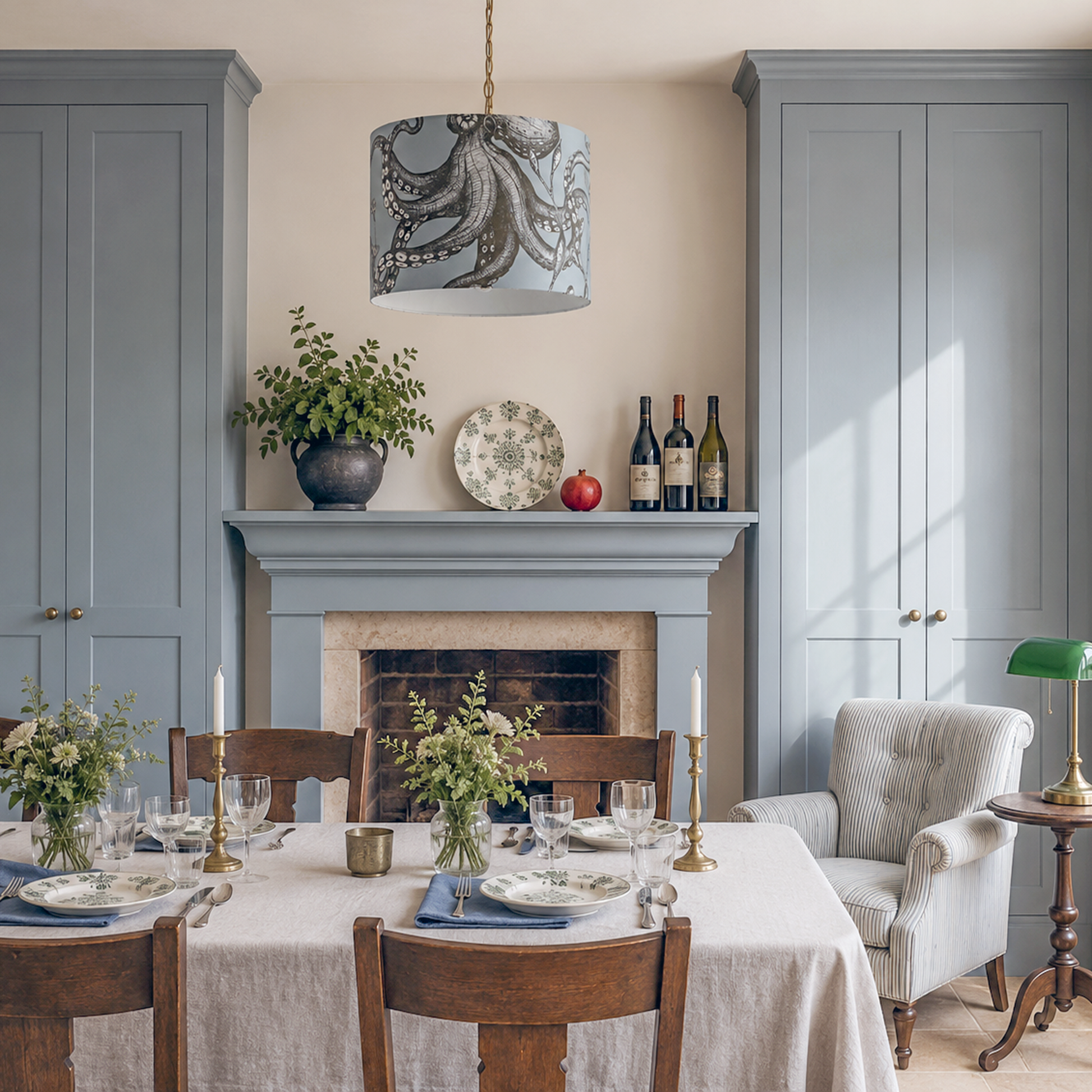 Dining room with a fireplace, table set for dinner, and gray cabinets.