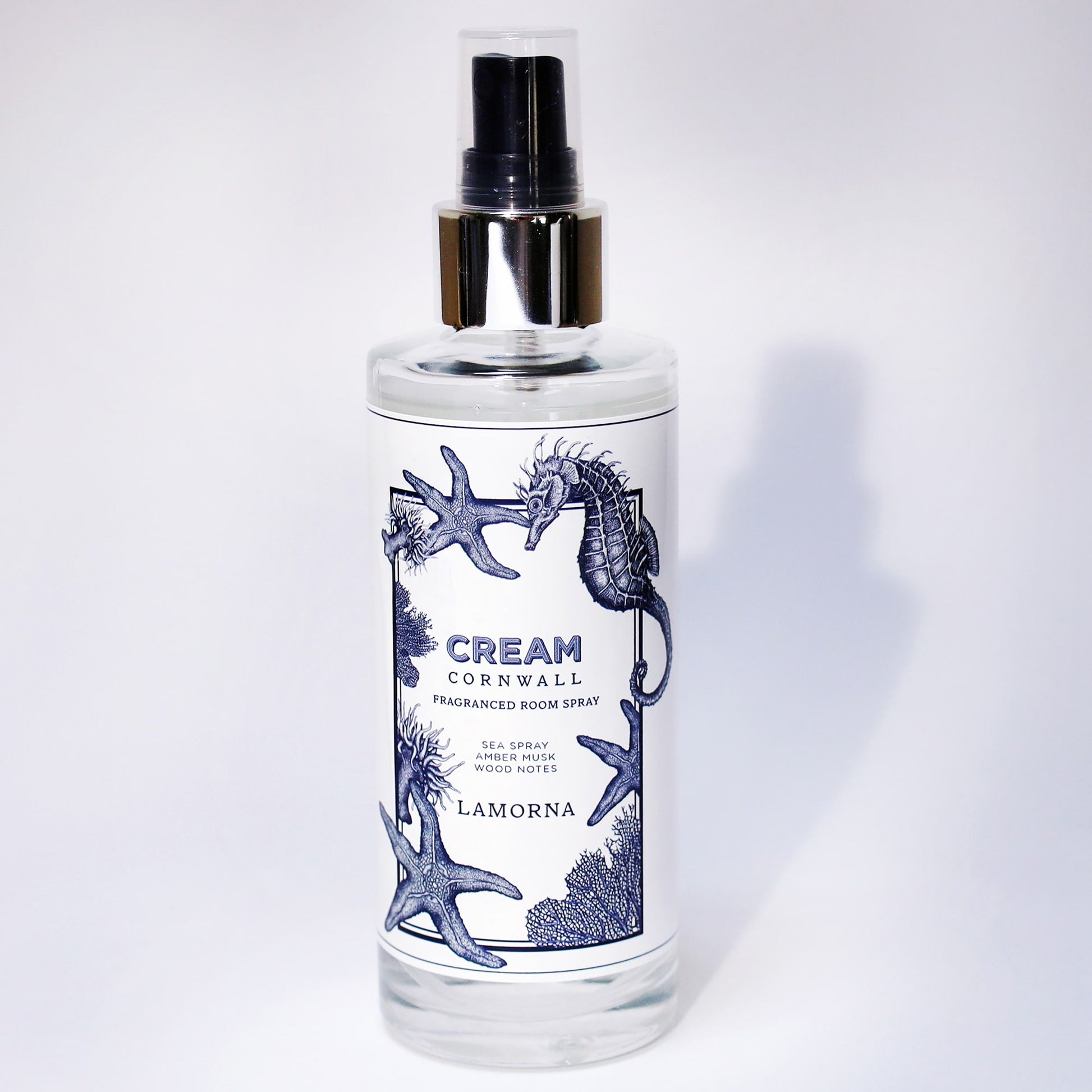 Fragrance Room Spray glass bottle with atomiser top,Lamorna logo on label.