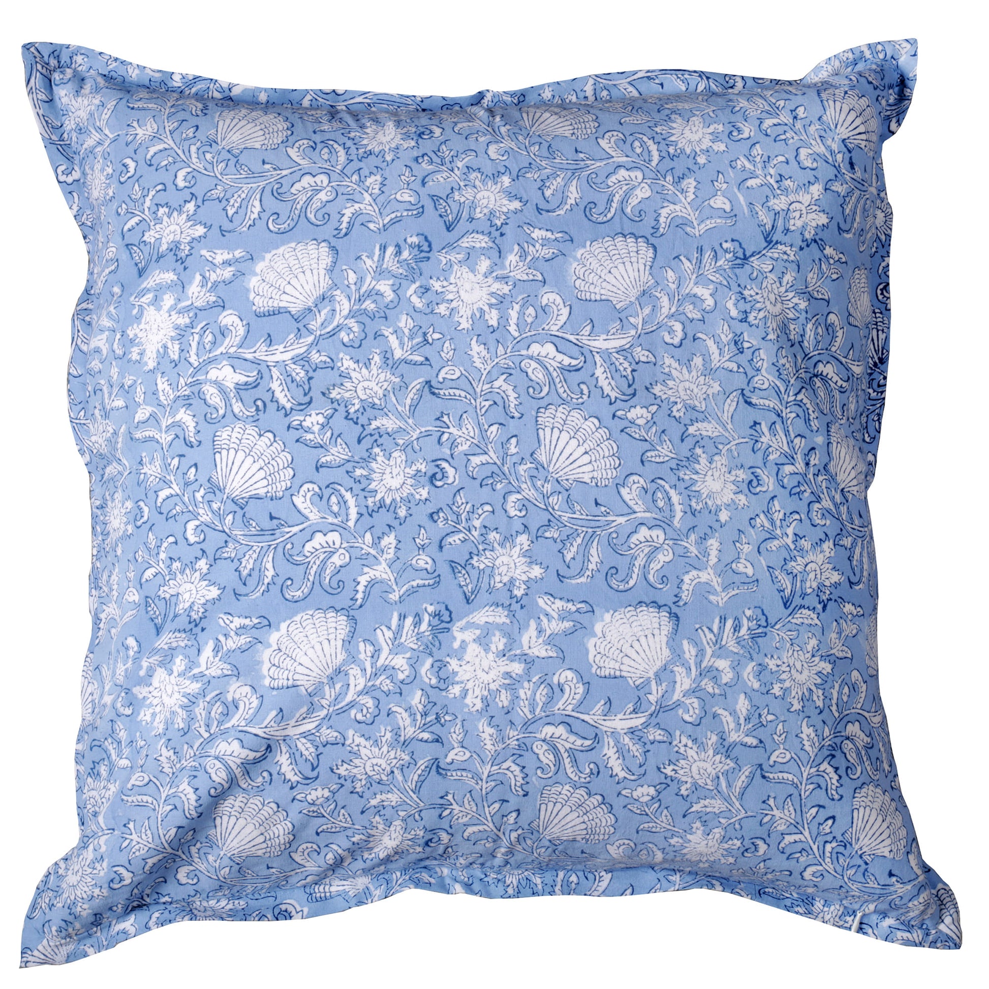 Light blue cushion cover featuring intricate white floral and seashell block print patterns. The soft fabric and detailed design add an elegant and coastal-inspired touch.