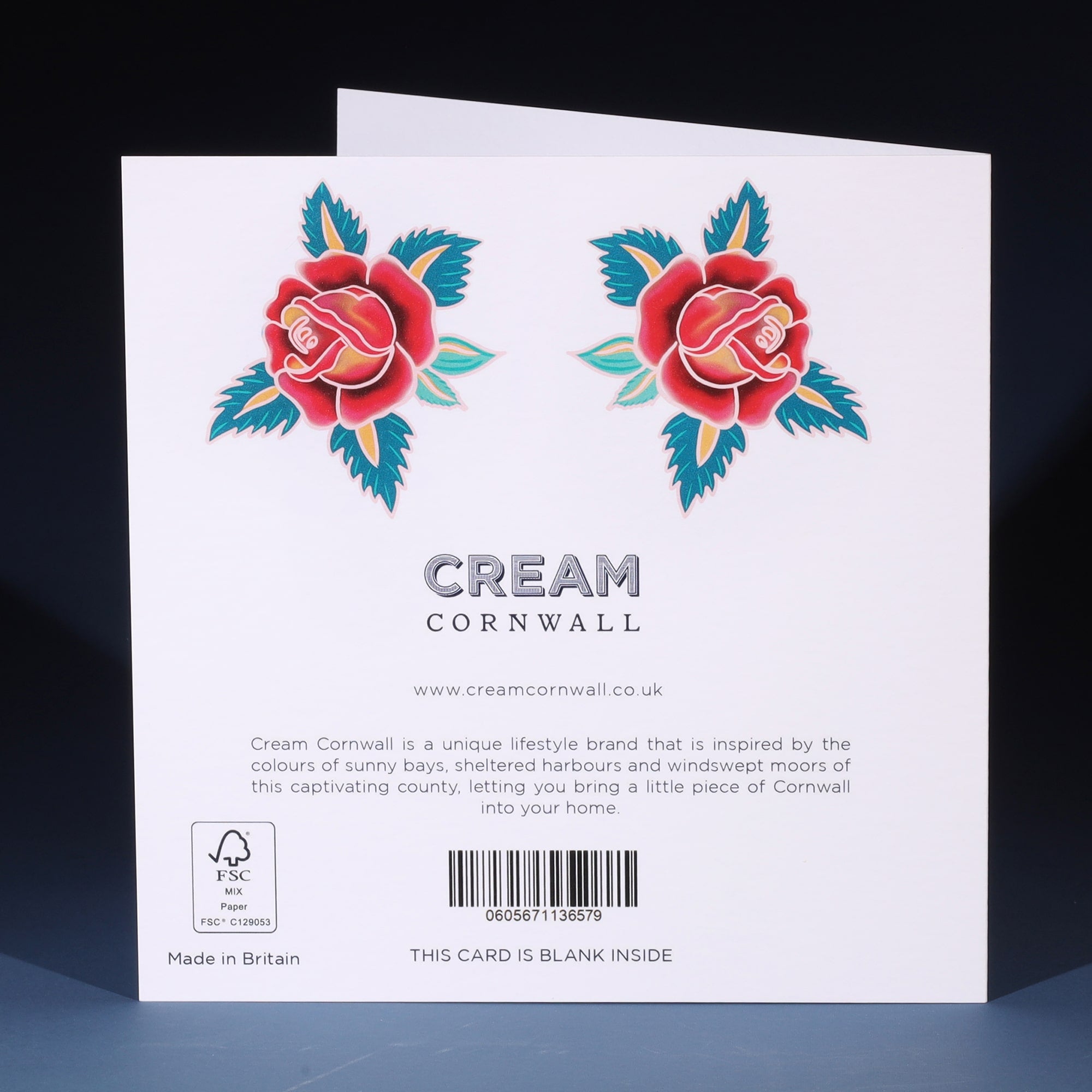 Back of greeting card with details about Cream Cornwall and 2 tattoo inspired rose illustrations.