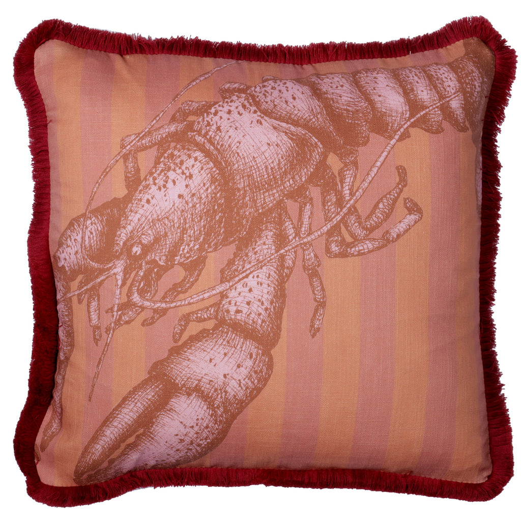 Decorative pillow with a lobster design on a striped background