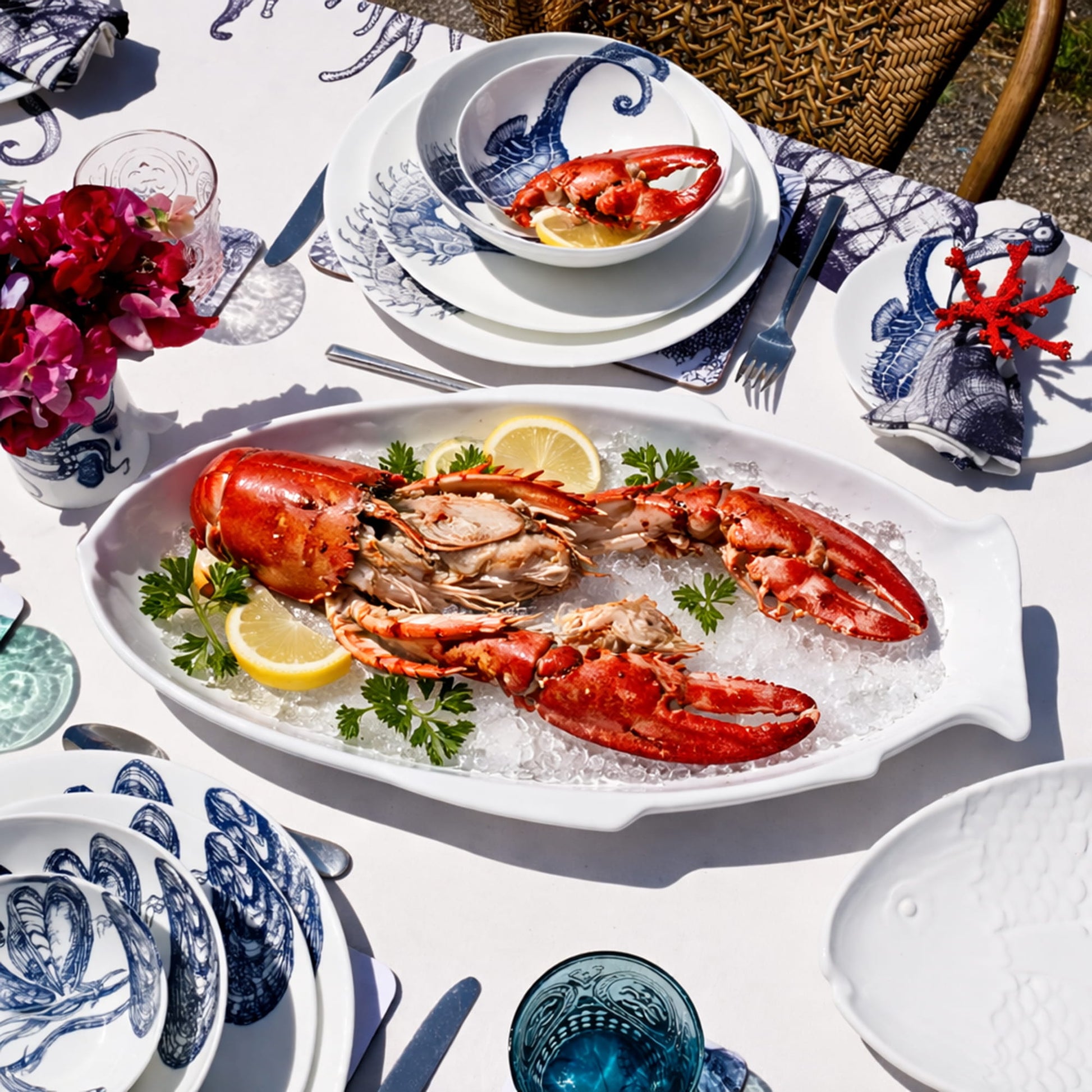 Table setting with lobsters on a platter, glasses, and floral arrangements outdoors.