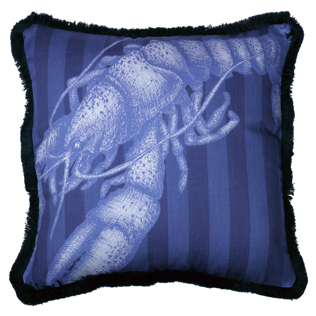 Decorative pillow with a lobster design on a blue striped background