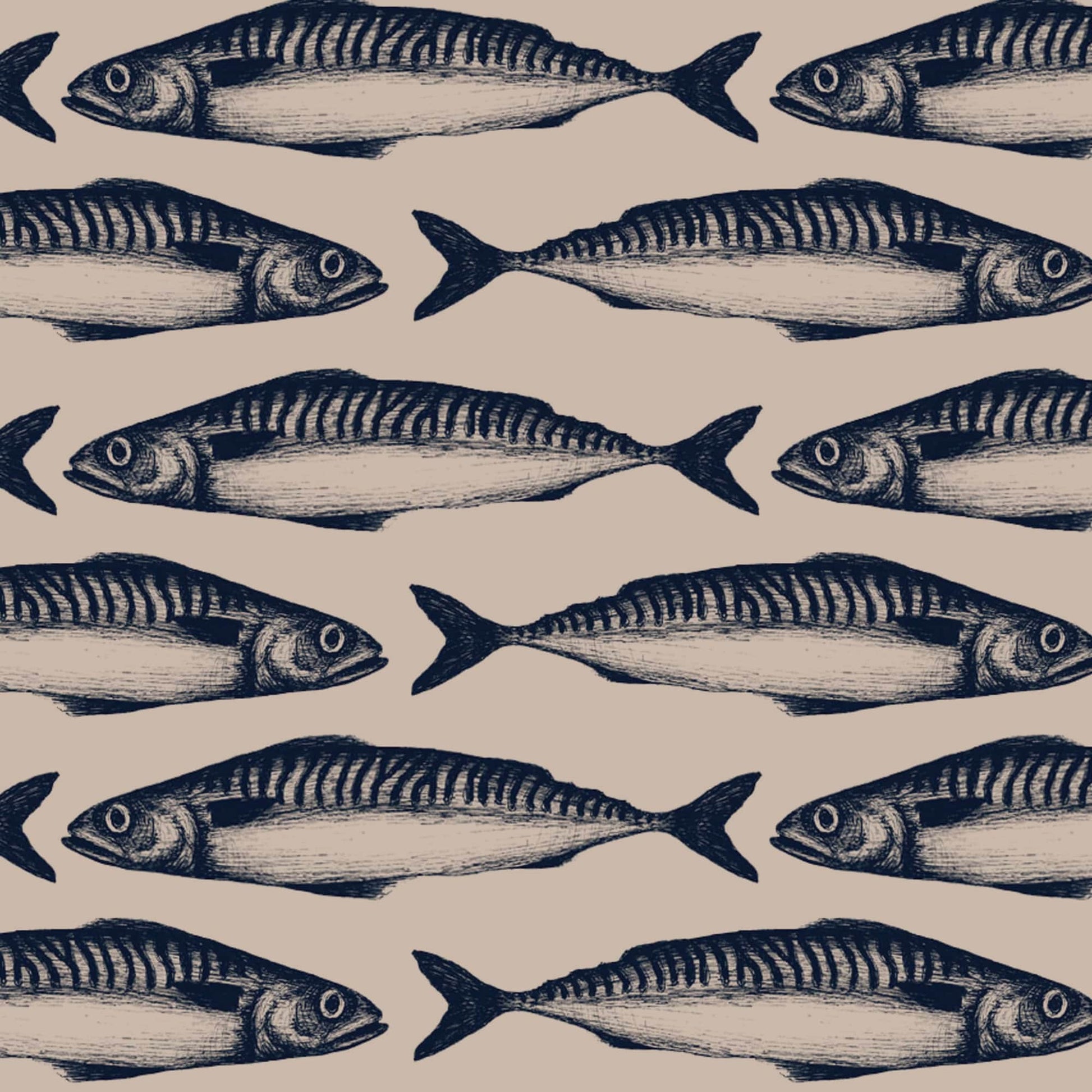 Seamless repeating pattern of navy blue mackerel fish illustrated in a hand-drawn style, set against a soft natural beige background. The fish are arranged in alternating horizontal rows, creating a coastal-inspired, vintage textile design with a marine theme.