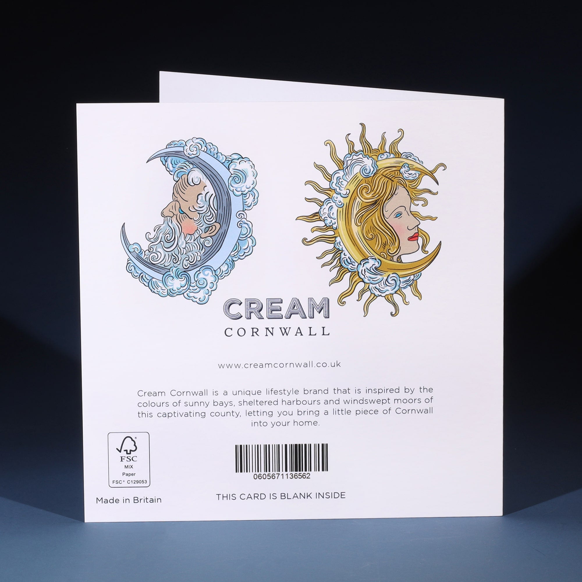 Back of greeting card with details about Cream Cornwall & a sun and moon illustration.