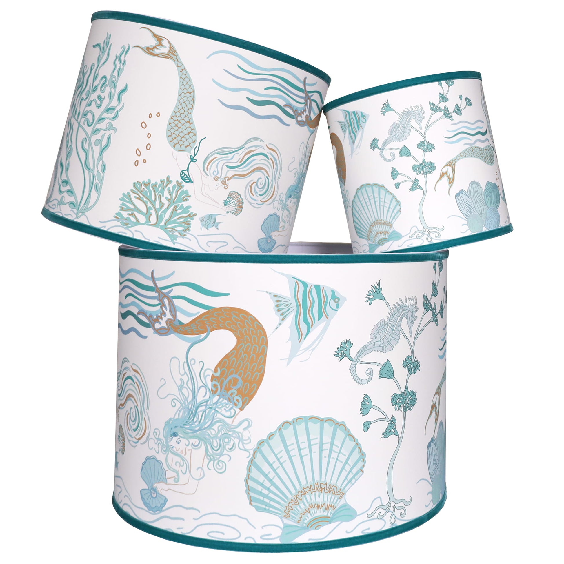 Cream Cornwall Mermaid lampshades in three sizes, featuring an elegant coastal design with mermaids, seahorses, shells and seaweed in soft blue and turquoise tones.