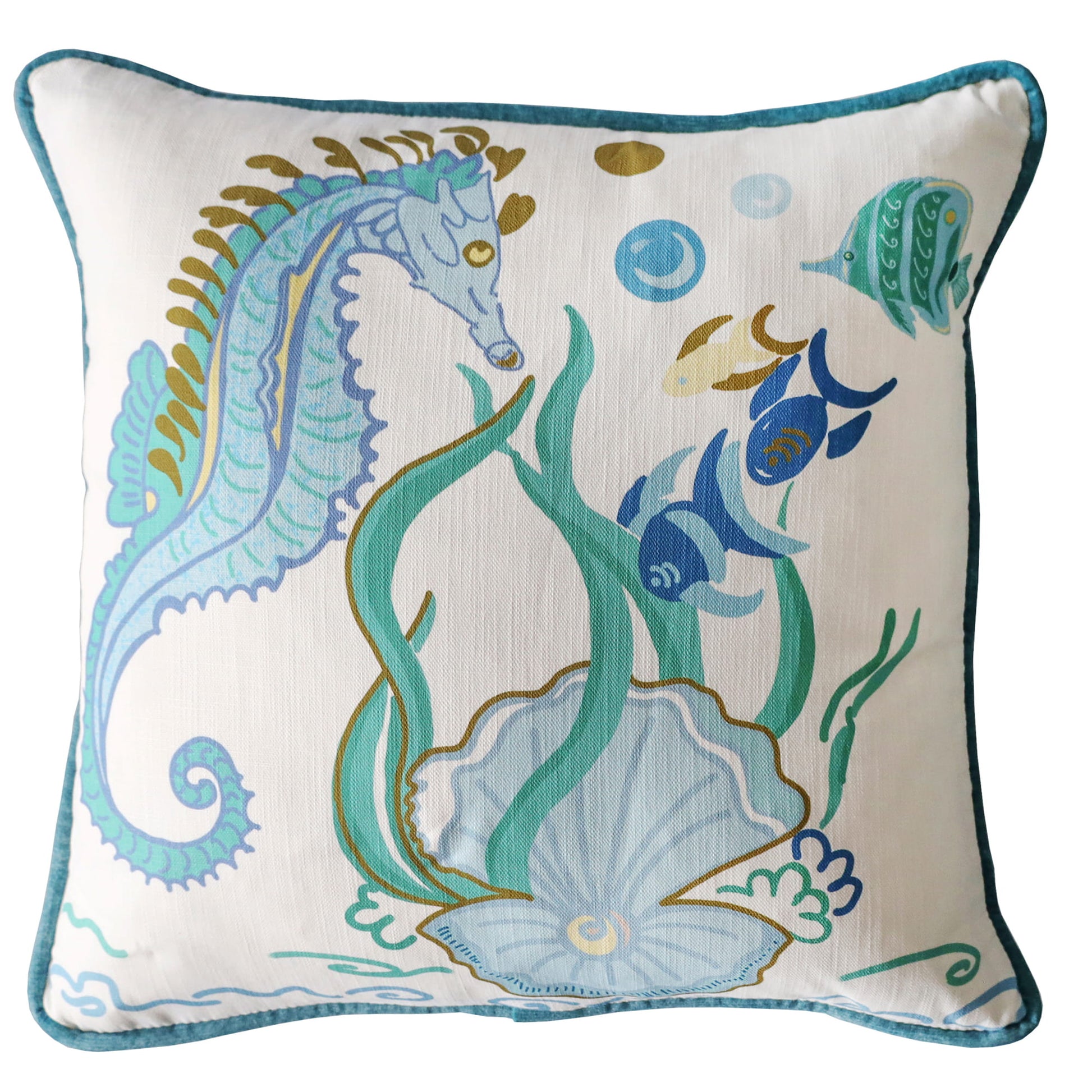 Cream Cornwall Sea Horse cushion featuring a graceful blue seahorse, shoal of fish, seaweed and shell illustration on an ivory background with teal velvet piping.