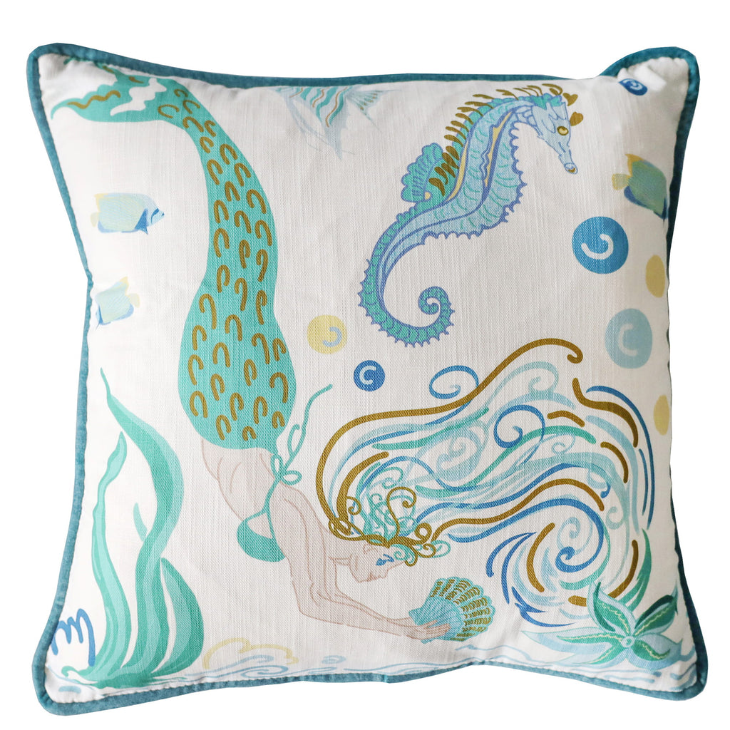 Cream Cornwall mermaid cushion on white background.