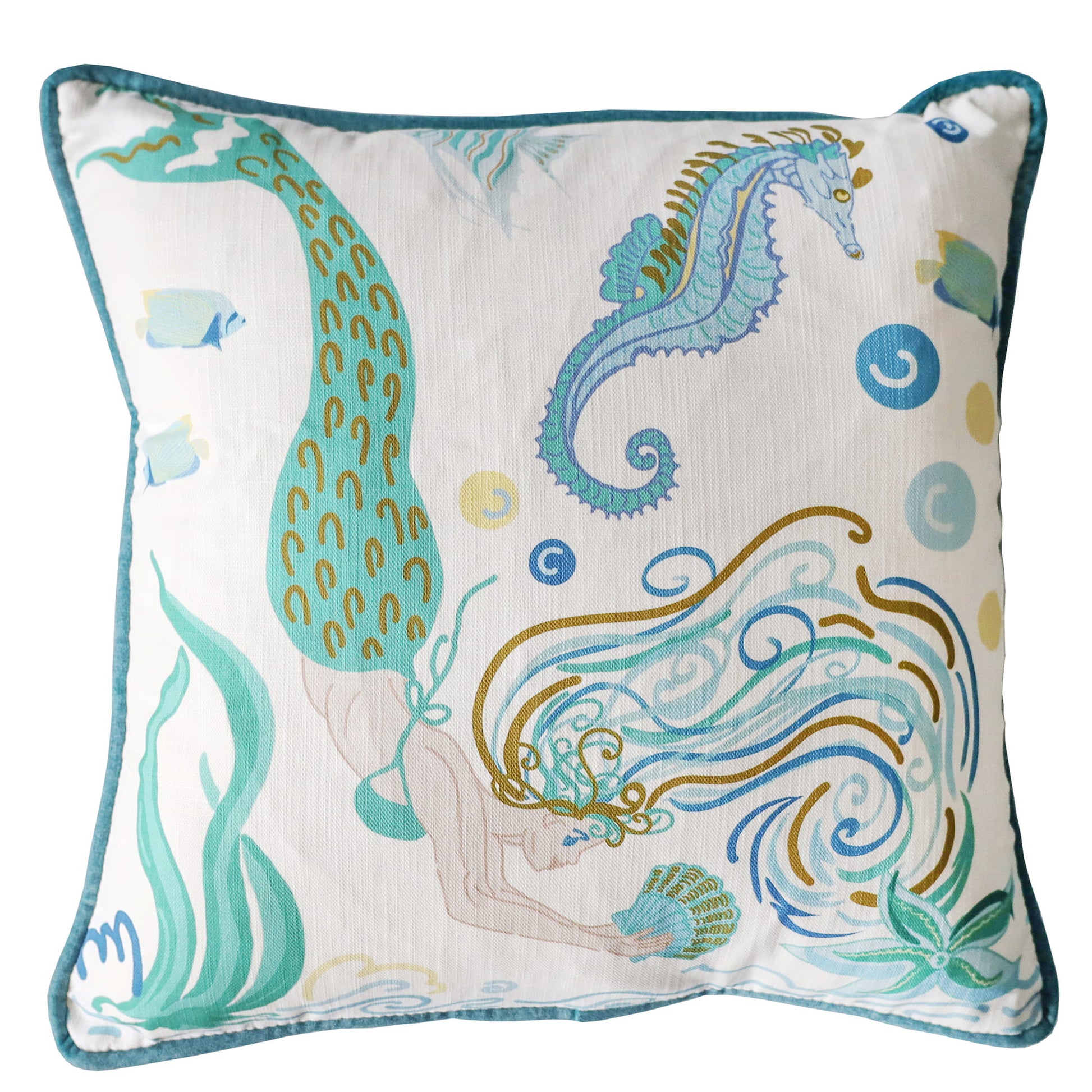 Cream Cornwall mermaid cushion on white background.