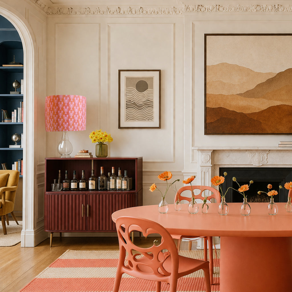 Dining room with an orange table and chairs, a pink lamp, and framed artwork on the wall.