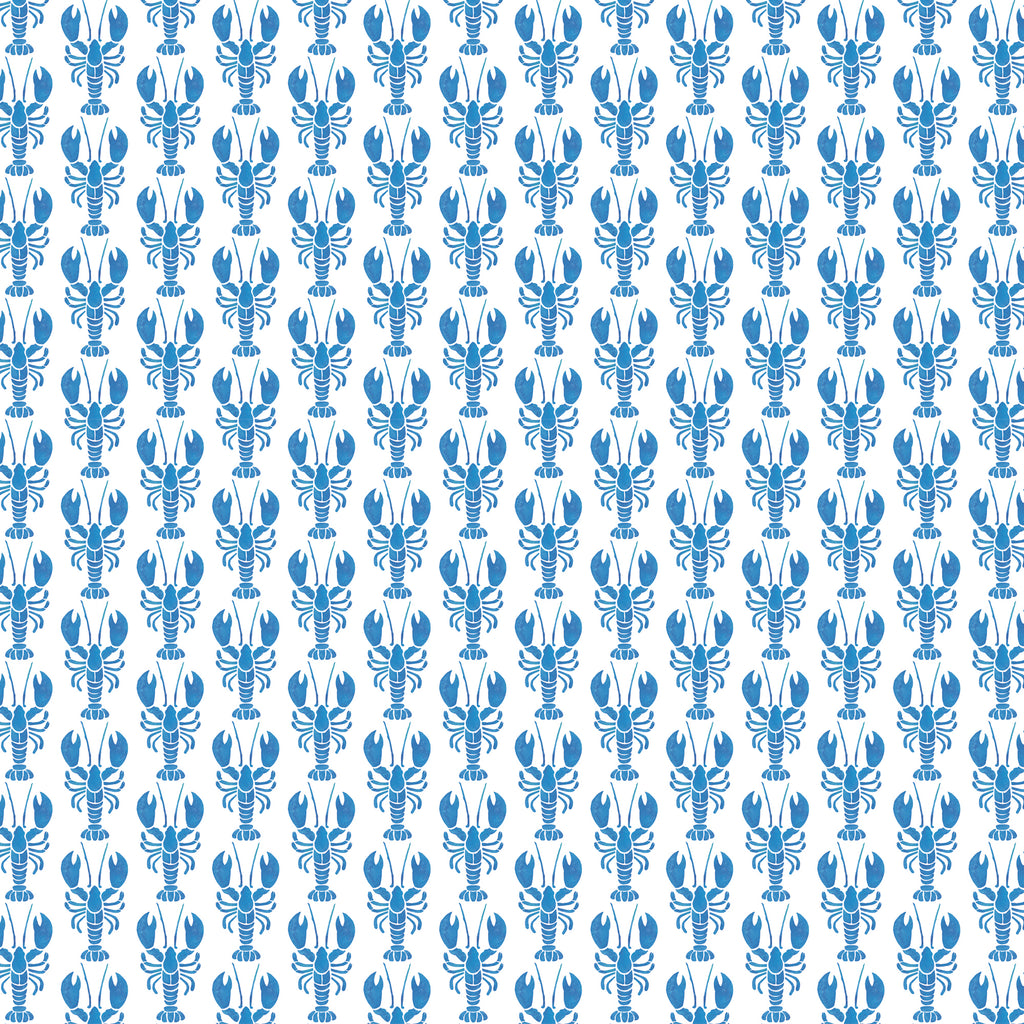 A repeating pattern of small blue lobsters arranged in vertical rows on a white background. The lobsters are stylized and symmetrical, creating a playful, coastal-inspired fabric design with a crisp and lively feel.