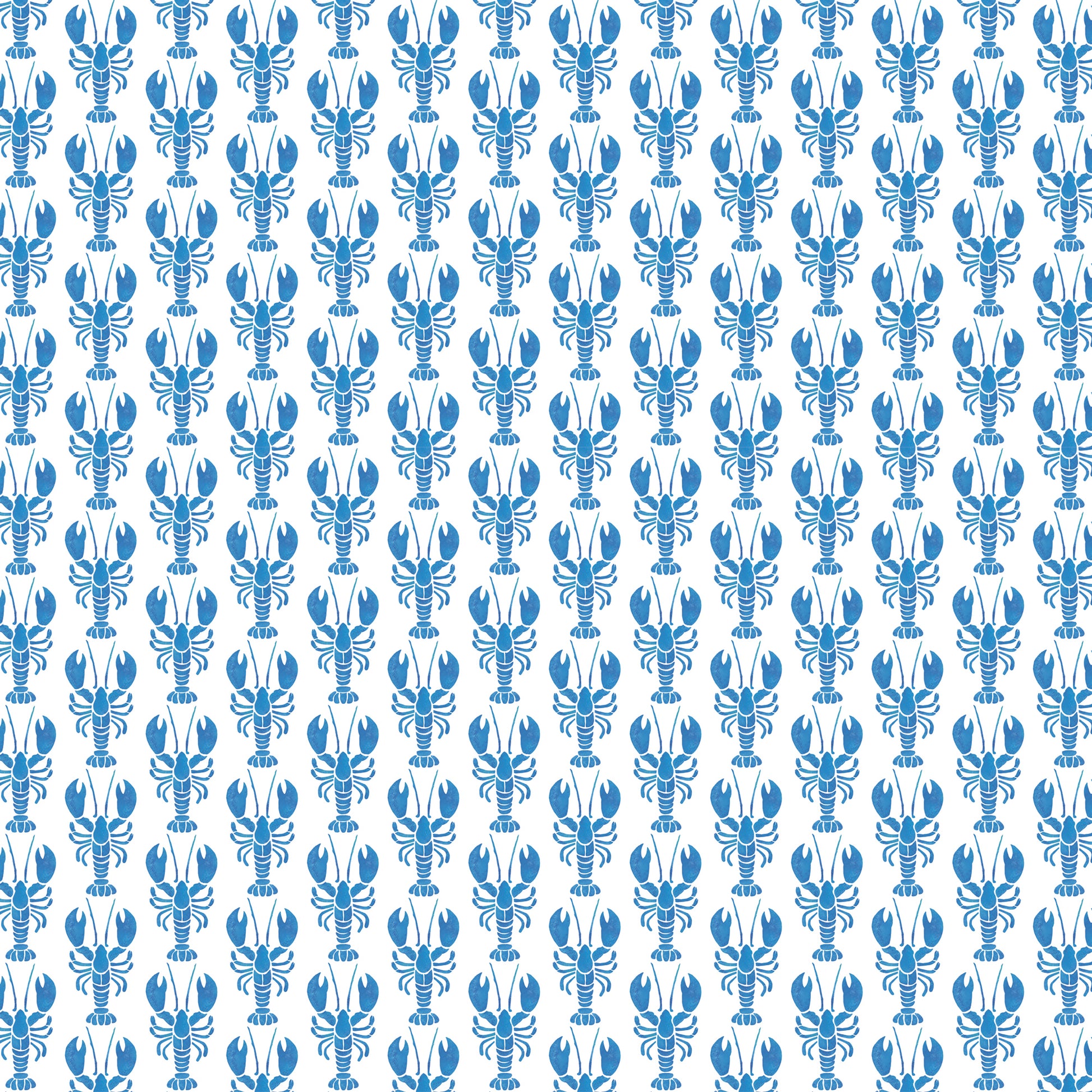 A repeating pattern of small blue lobsters arranged in vertical rows on a white background. The lobsters are stylized and symmetrical, creating a playful, coastal-inspired fabric design with a crisp and lively feel.