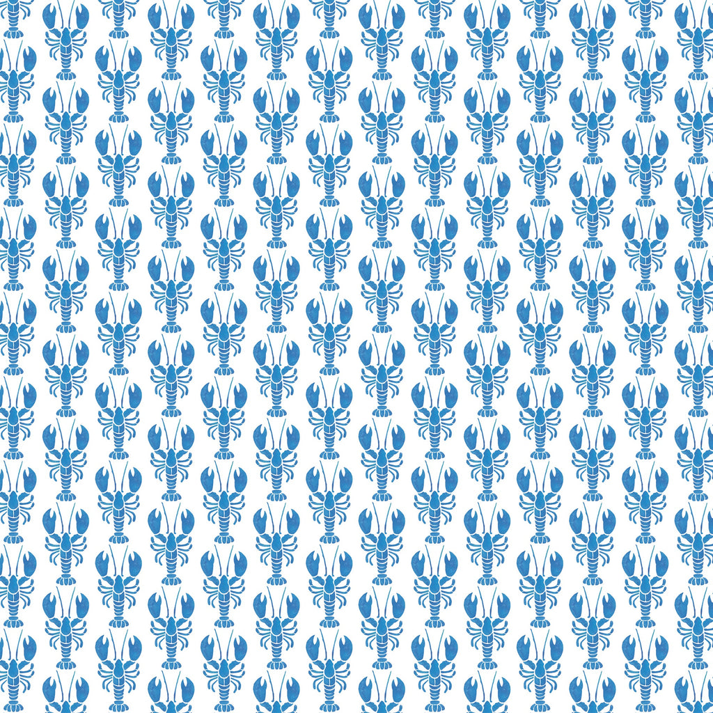 A repeating pattern of small blue lobsters arranged in vertical rows on a white background. The lobsters are stylized and symmetrical, creating a playful, coastal-inspired fabric design with a crisp and lively feel.