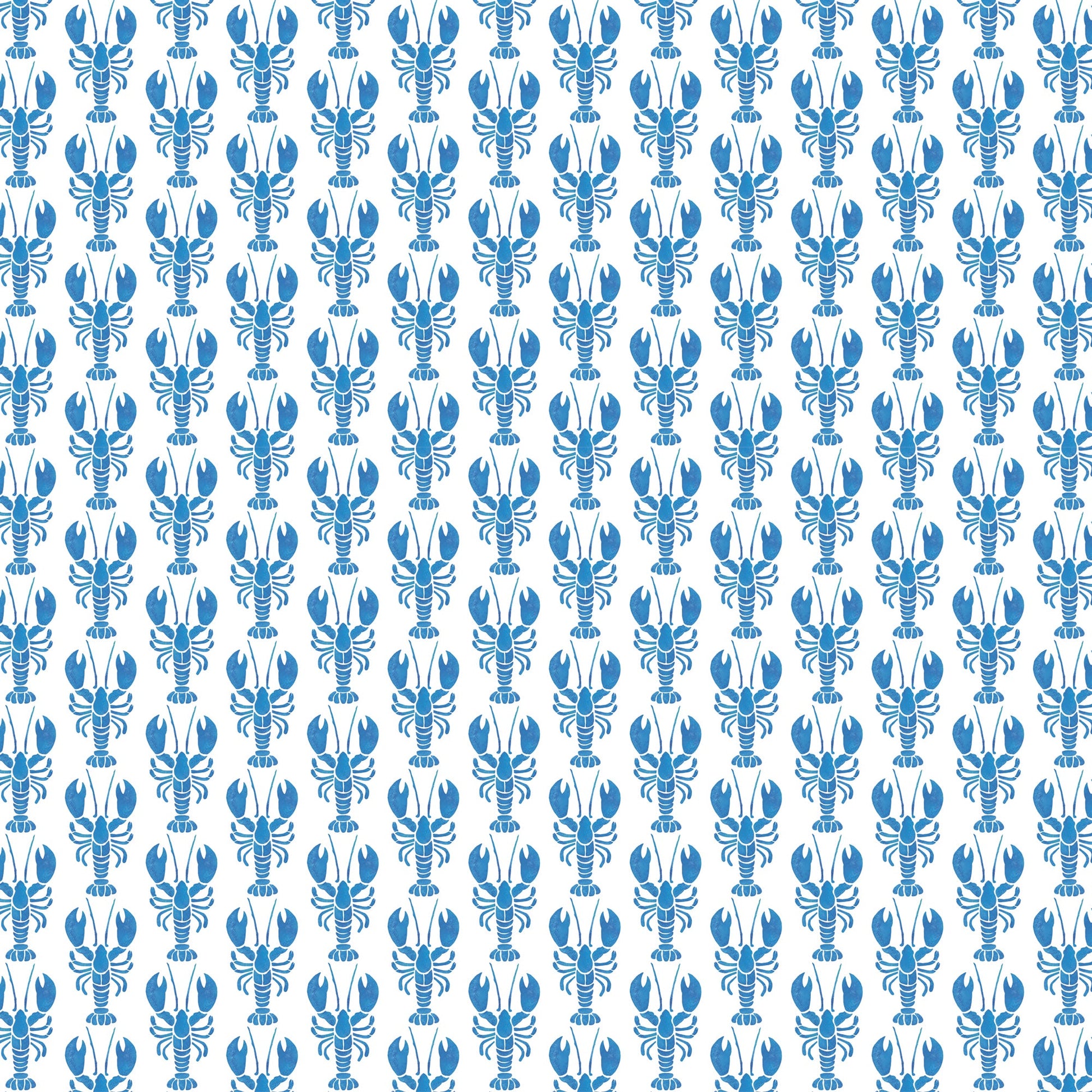A repeating pattern of small blue lobsters arranged in vertical rows on a white background. The lobsters are stylized and symmetrical, creating a playful, coastal-inspired fabric design with a crisp and lively feel.
