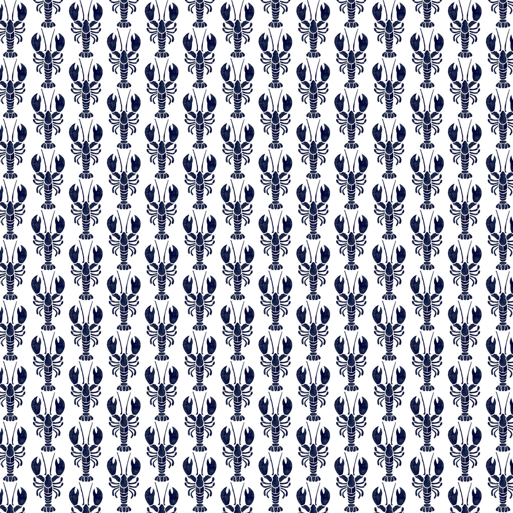 A repeating pattern of small navy blue lobsters arranged in vertical rows on a white background. The lobsters are stylized and symmetrical, creating a playful, coastal-inspired fabric design with a crisp and lively feel.
