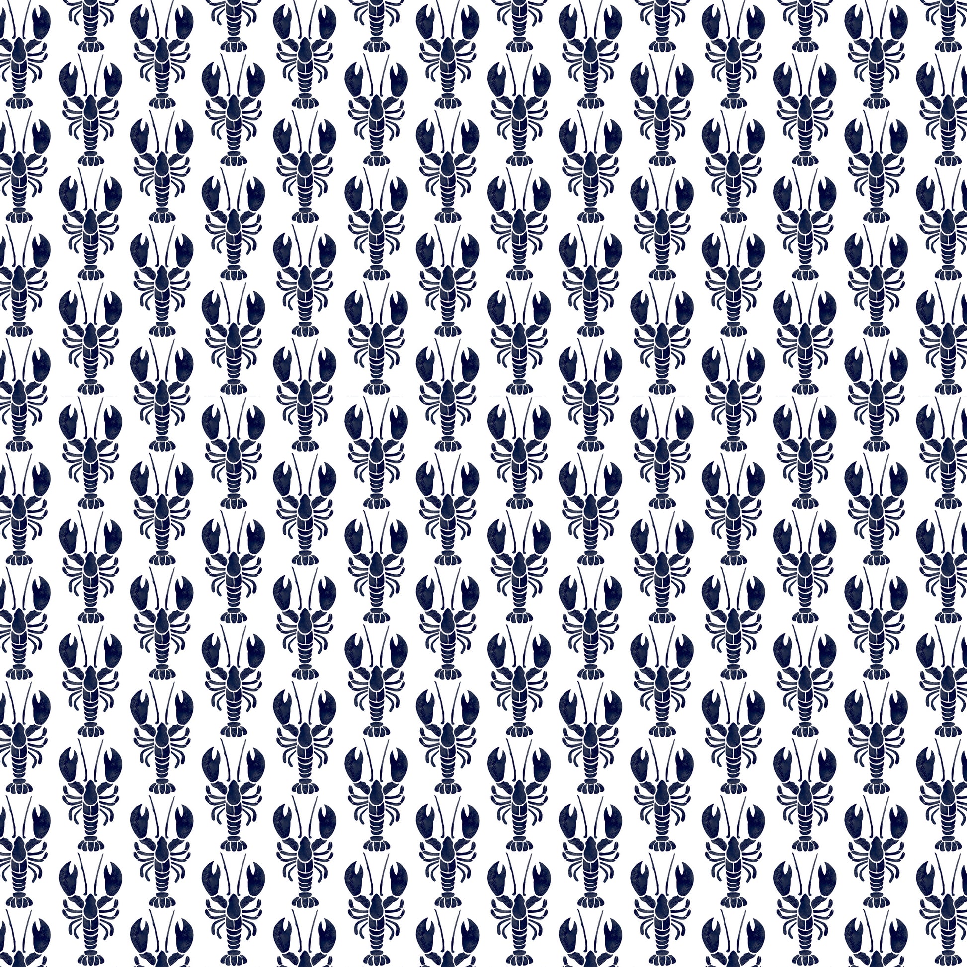 A repeating pattern of small navy blue lobsters arranged in vertical rows on a white background. The lobsters are stylized and symmetrical, creating a playful, coastal-inspired fabric design with a crisp and lively feel.