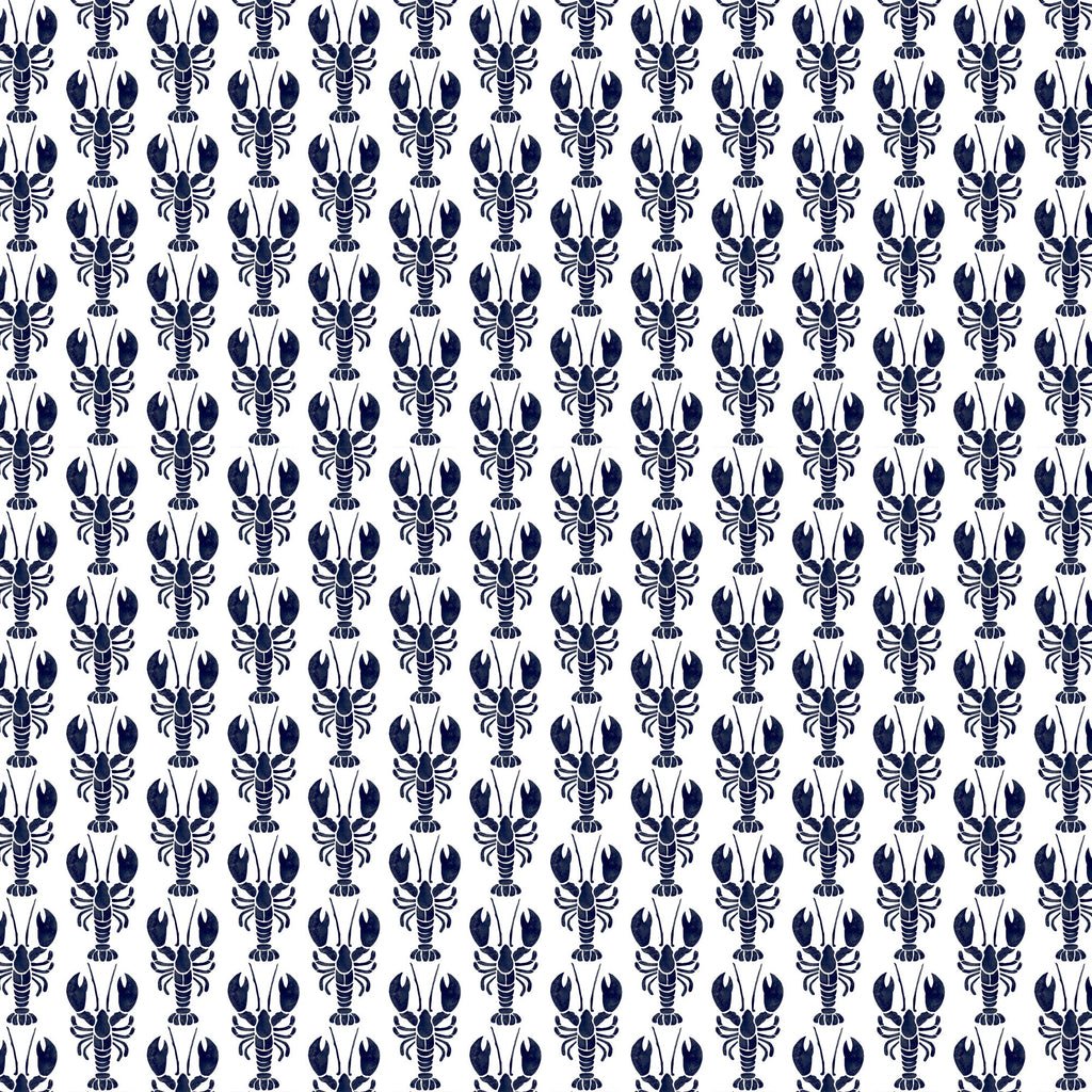 A repeating pattern of small navy blue lobsters arranged in vertical rows on a white background. The lobsters are stylized and symmetrical, creating a playful, coastal-inspired fabric design with a crisp and lively feel.