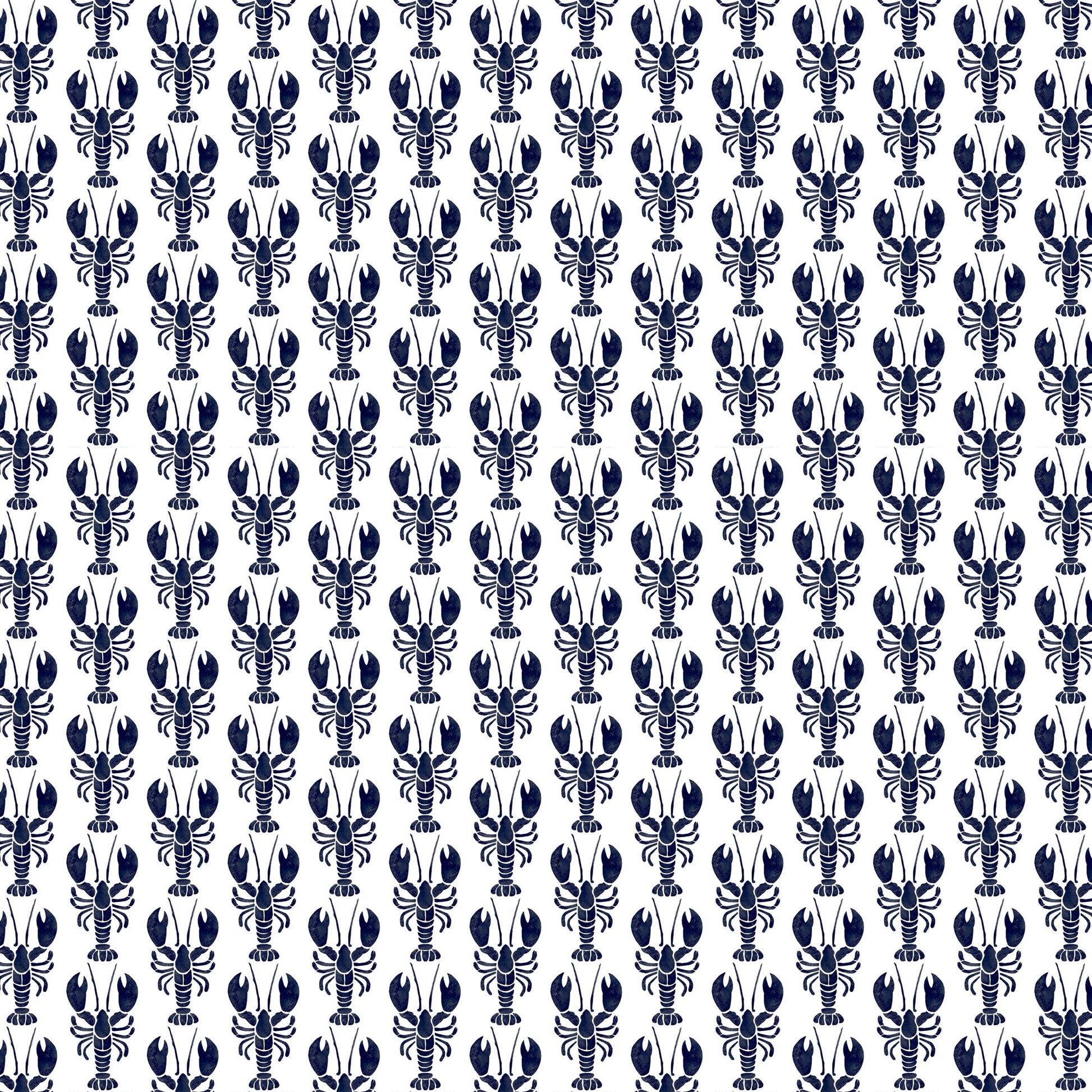 A repeating pattern of small navy blue lobsters arranged in vertical rows on a white background. The lobsters are stylized and symmetrical, creating a playful, coastal-inspired fabric design with a crisp and lively feel.