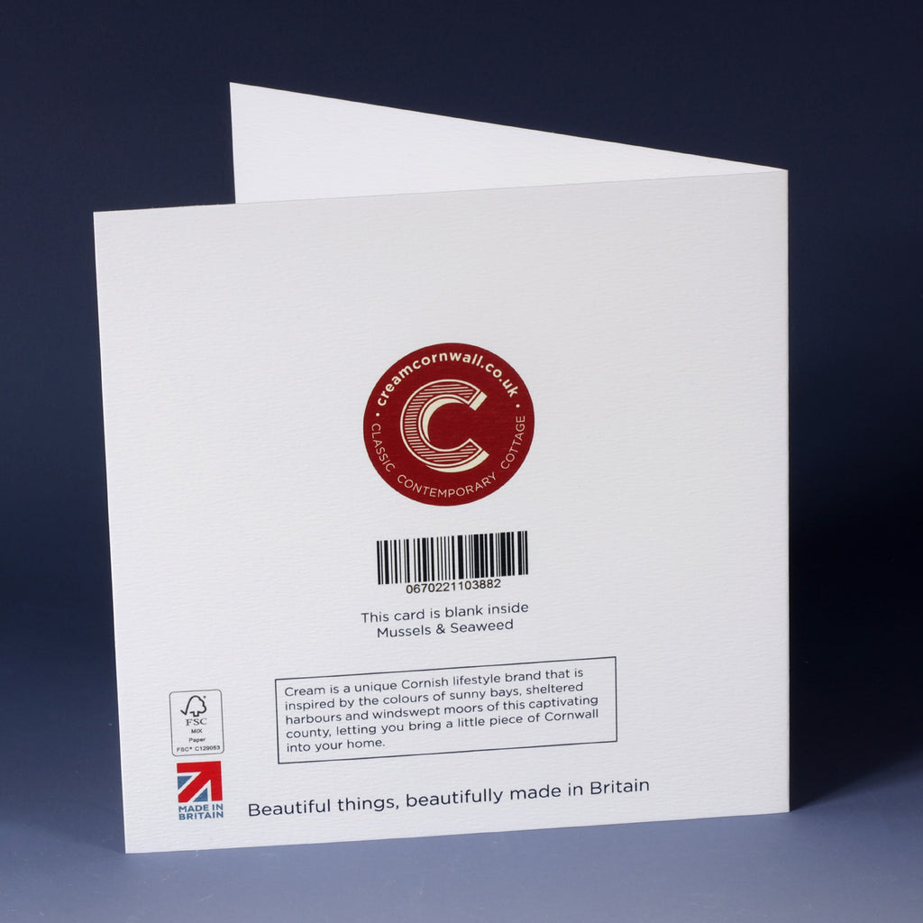 back of white greeting card, with barcode, description and cream cornwall logo in red standing on an ombre blue background