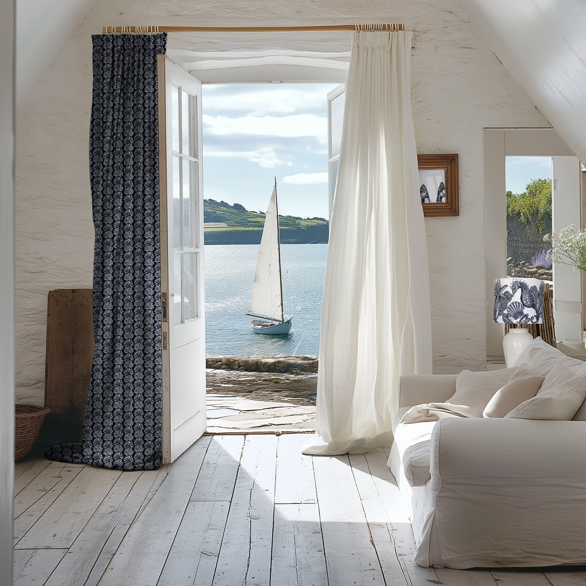 Coastal-inspired interior with an open French door revealing a sailboat on calm water. The room features white wooden floors, a cream sofa with neutral cushions, and curtains—one in sheer white and the other in a navy blue coral print. A nautical-themed lampshade and framed art complement the seaside aesthetic. Natural light fills the space, creating a serene and breezy atmosphere.