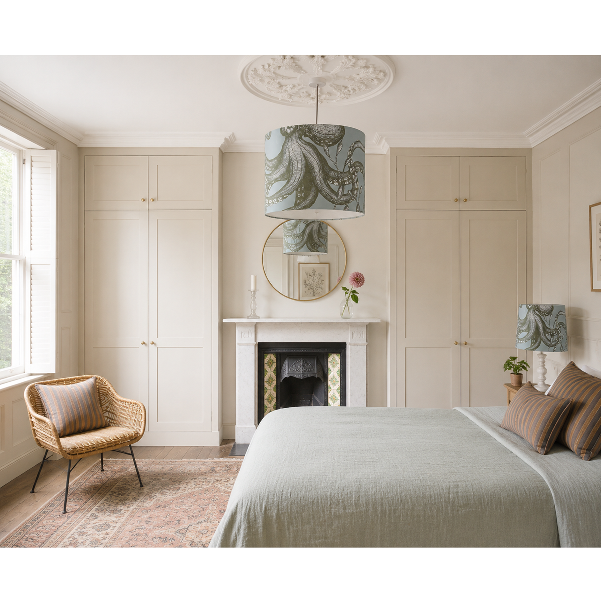 Neatly decorated bedroom with a bed, chair, and fireplace.