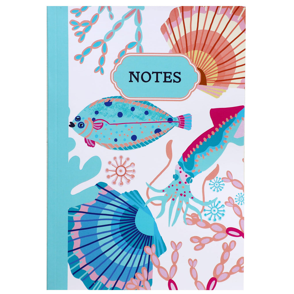 Front cover of a vibrant notebook titled "NOTES" featuring colorful marine illustrations on a white background. The design includes a spotted flat fish, a bright squid, scallop shells, seaweed, and coral in shades of turquoise, pink, blue, and orange. The word "NOTES" is centered in a decorative turquoise label near the top.