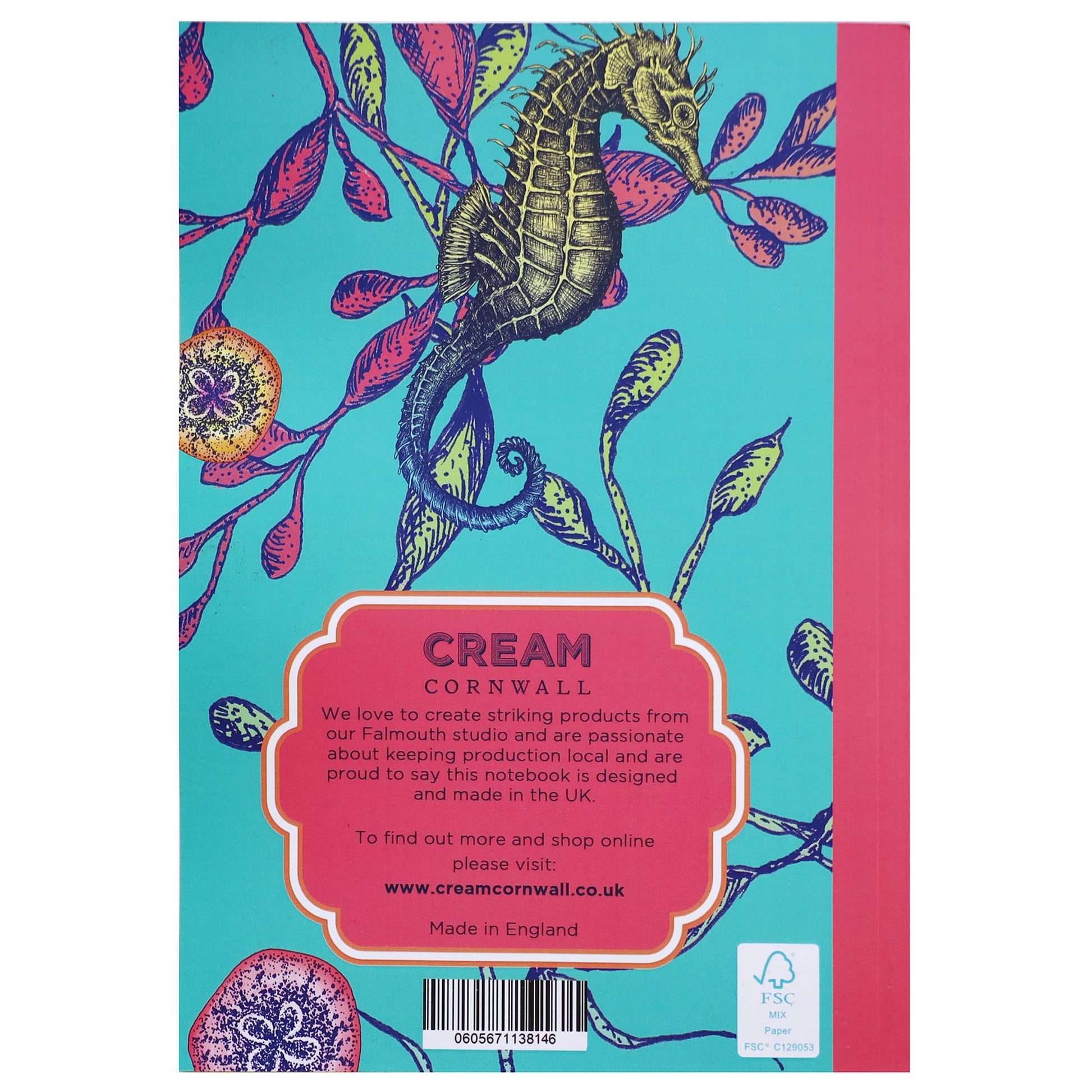 Back cover of a brightly colored notebook featuring a detailed illustration of a golden seahorse surrounded by pink coral branches and sea urchins on a turquoise background. A coral pink label at the bottom contains branding and text from Cream Cornwall, highlighting the notebook's UK design and production, with a website link and FSC certification logo.