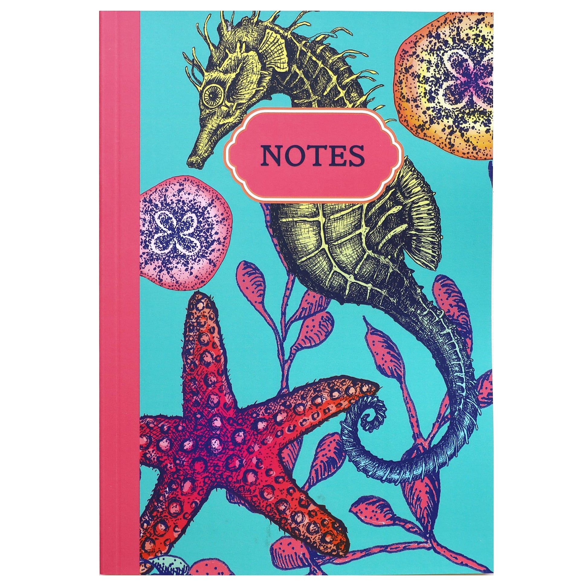 Front cover of a notebook with a bold turquoise background, featuring a detailed illustration of a seahorse, a red starfish, and vibrant coral and sea urchins, with a coral pink label at the top that reads "NOTES."