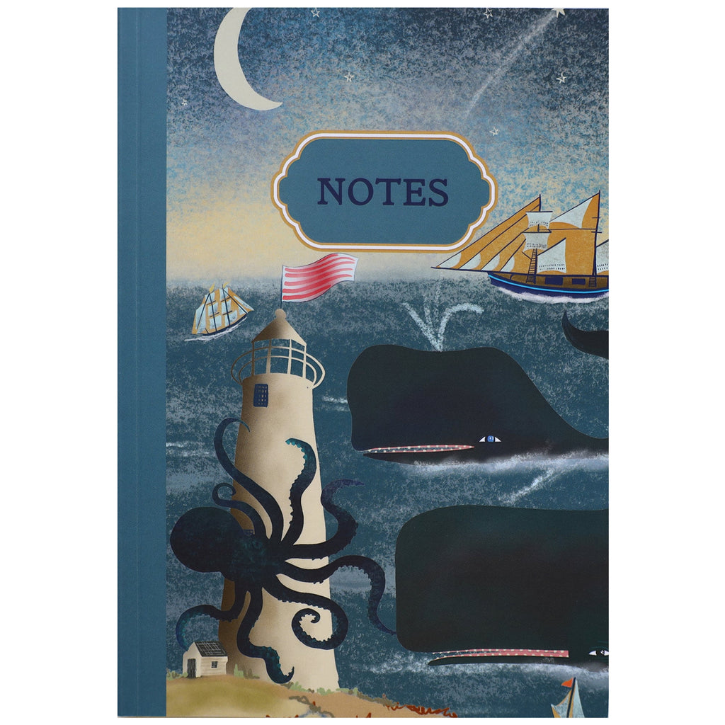 Illustrated notebook cover featuring a whimsical ocean scene with a lighthouse wrapped by a giant octopus, whales swimming in the sea, tall ships sailing, and a crescent moon in the sky. The word "NOTES" is displayed in a decorative label at the top.