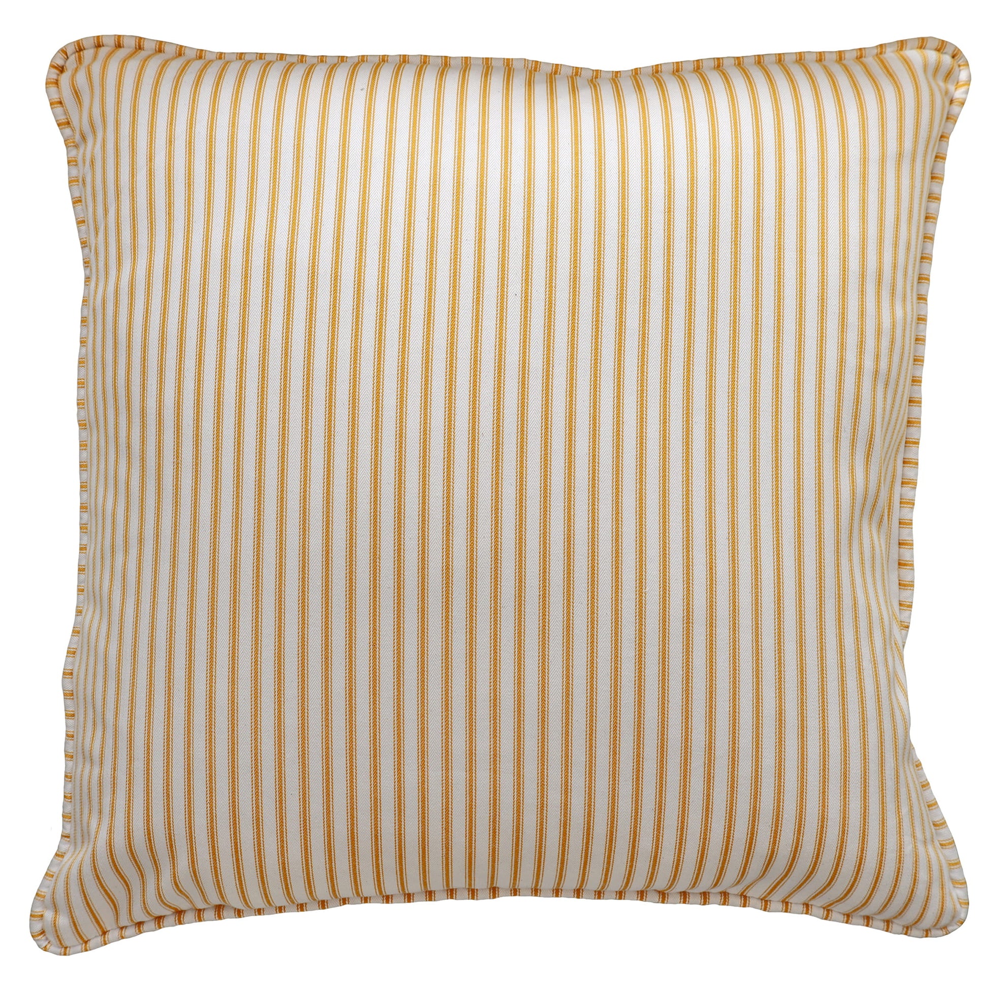 Striped pillow with yellow and white stripes on a white background