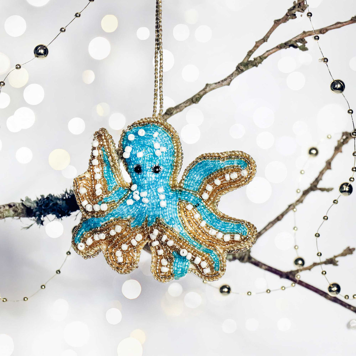 Beaded Blue & Gold Octopus Hanging Decoration