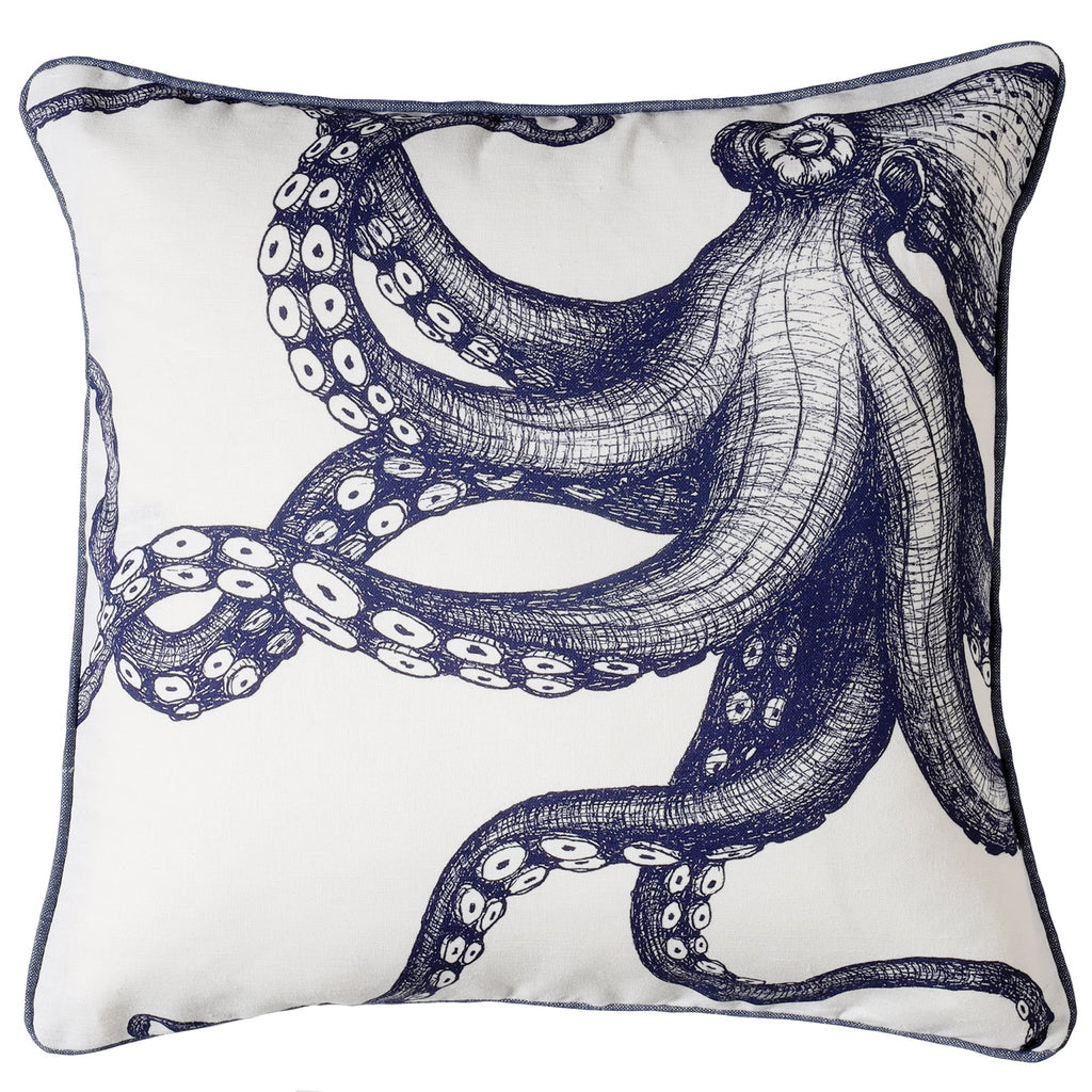 White piped linen cushion with navy chambray backing.On the front is a hand drawn navy octopus filling the cover 