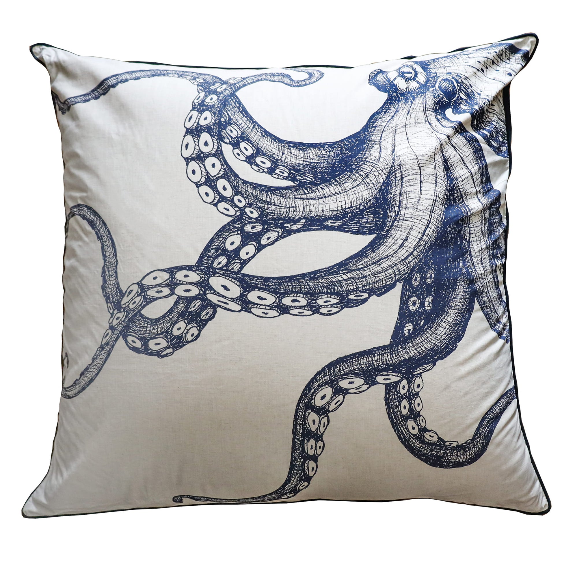 Pillow with blue octopus design on a white background