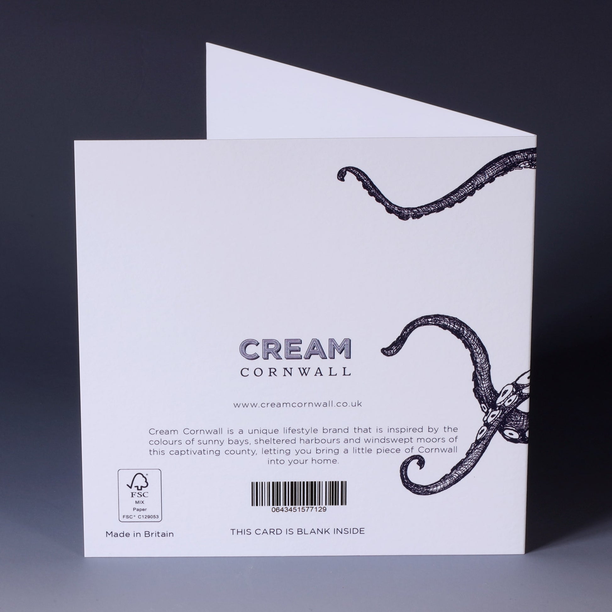 back of greeting card with navy blue illustrated octopus that looks like it is dancing across the card