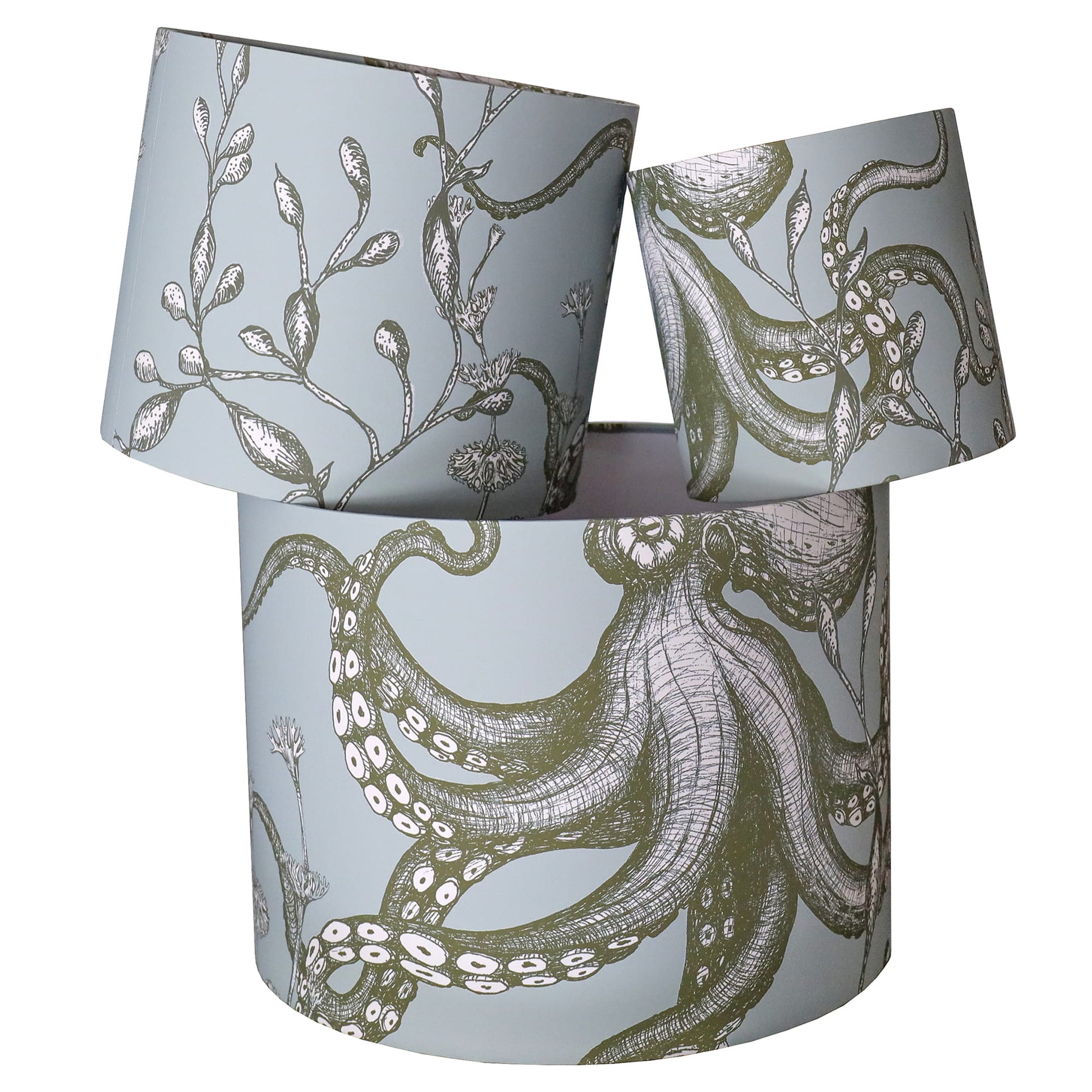Decorative lampshades with octopus design on a light blue background