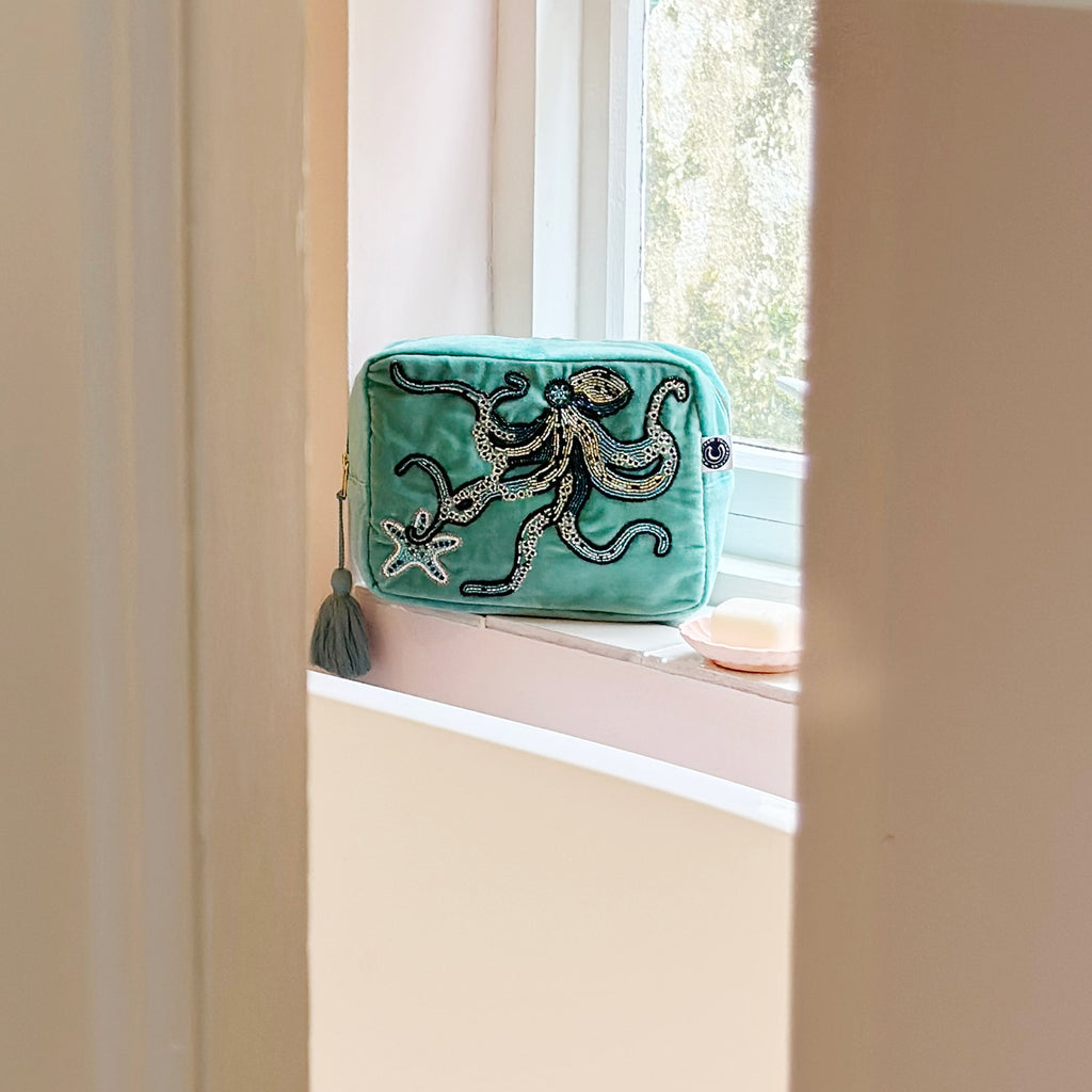 Velvet Beaded Turquoise Octopus Wash Bag