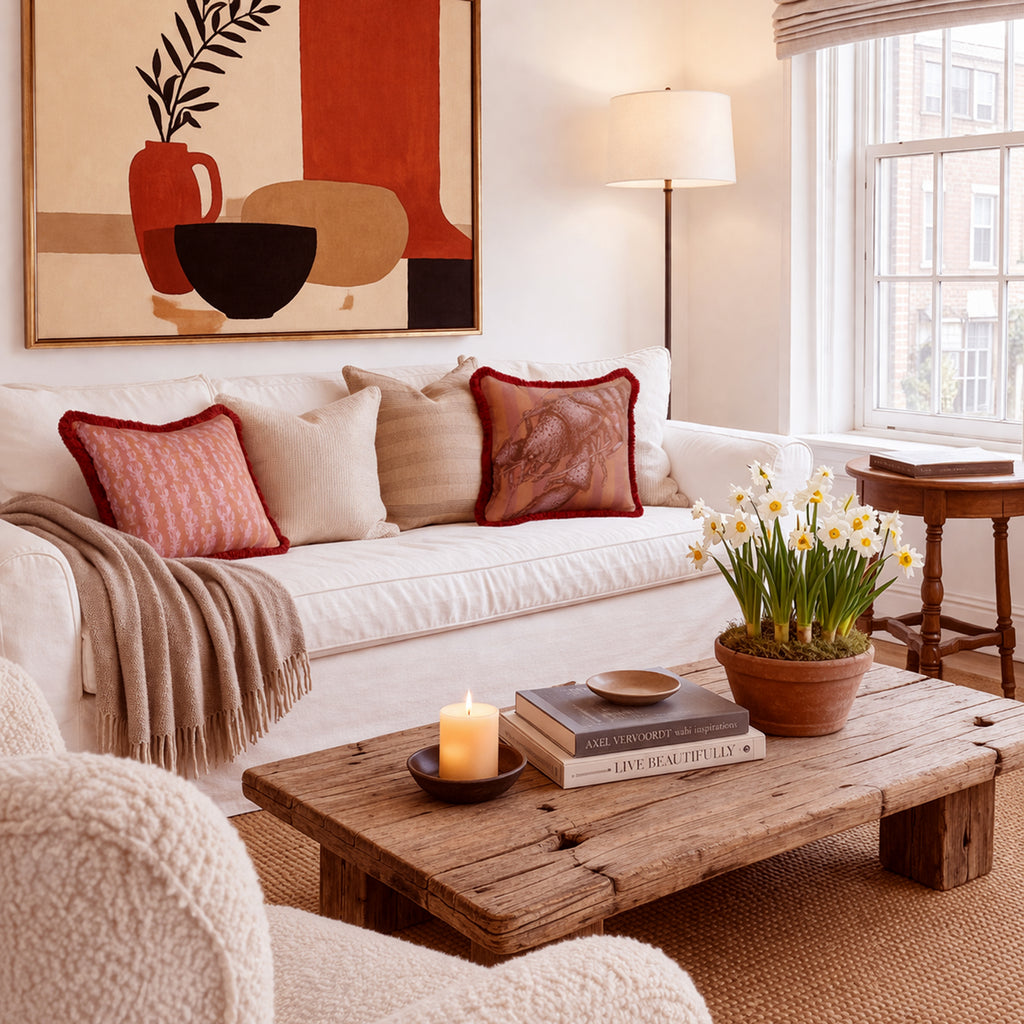 Cozy living room with a white sofa, wooden coffee table, and decorative items.