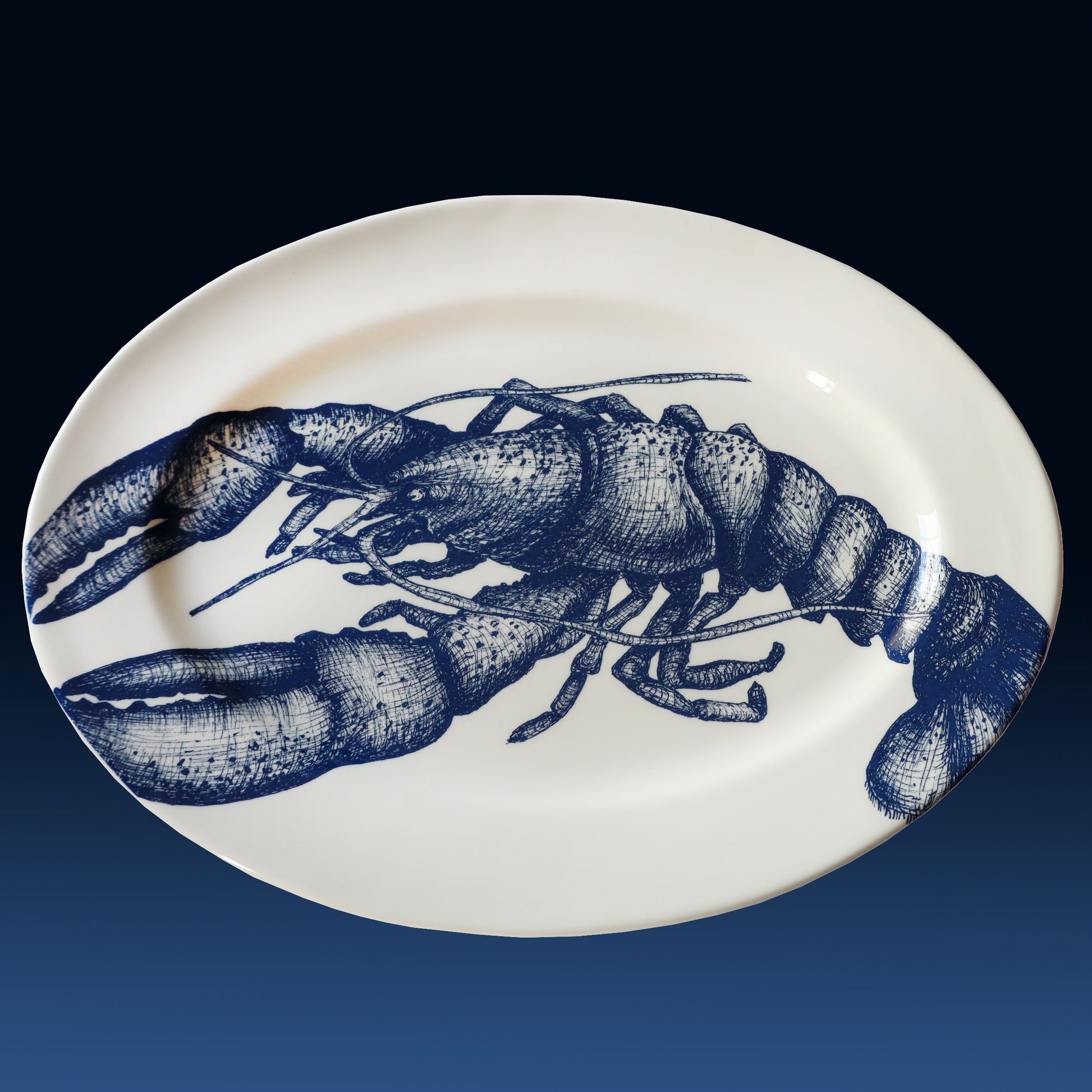 White plate with blue lobster design on a white background