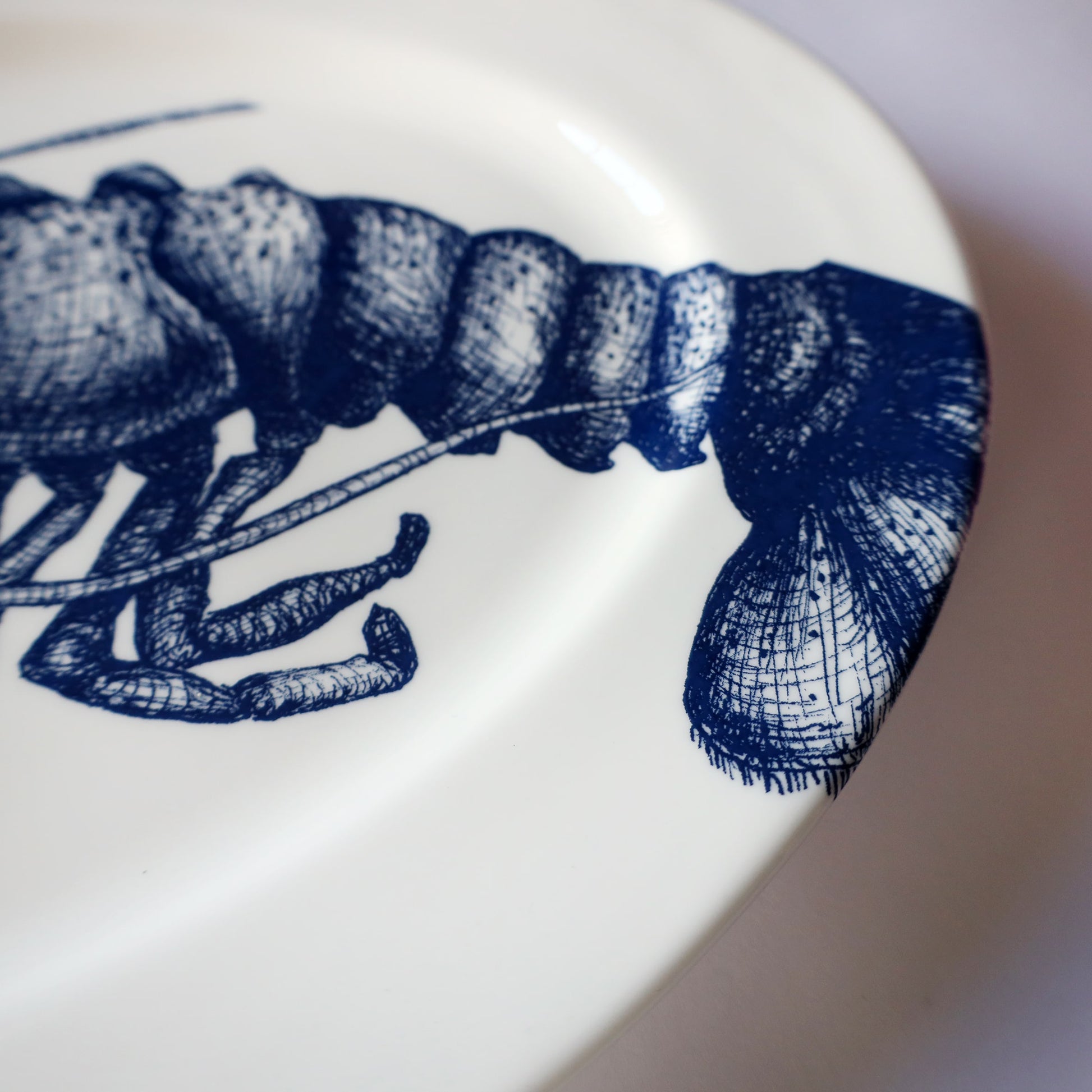 White plate with blue lobster design on a white background