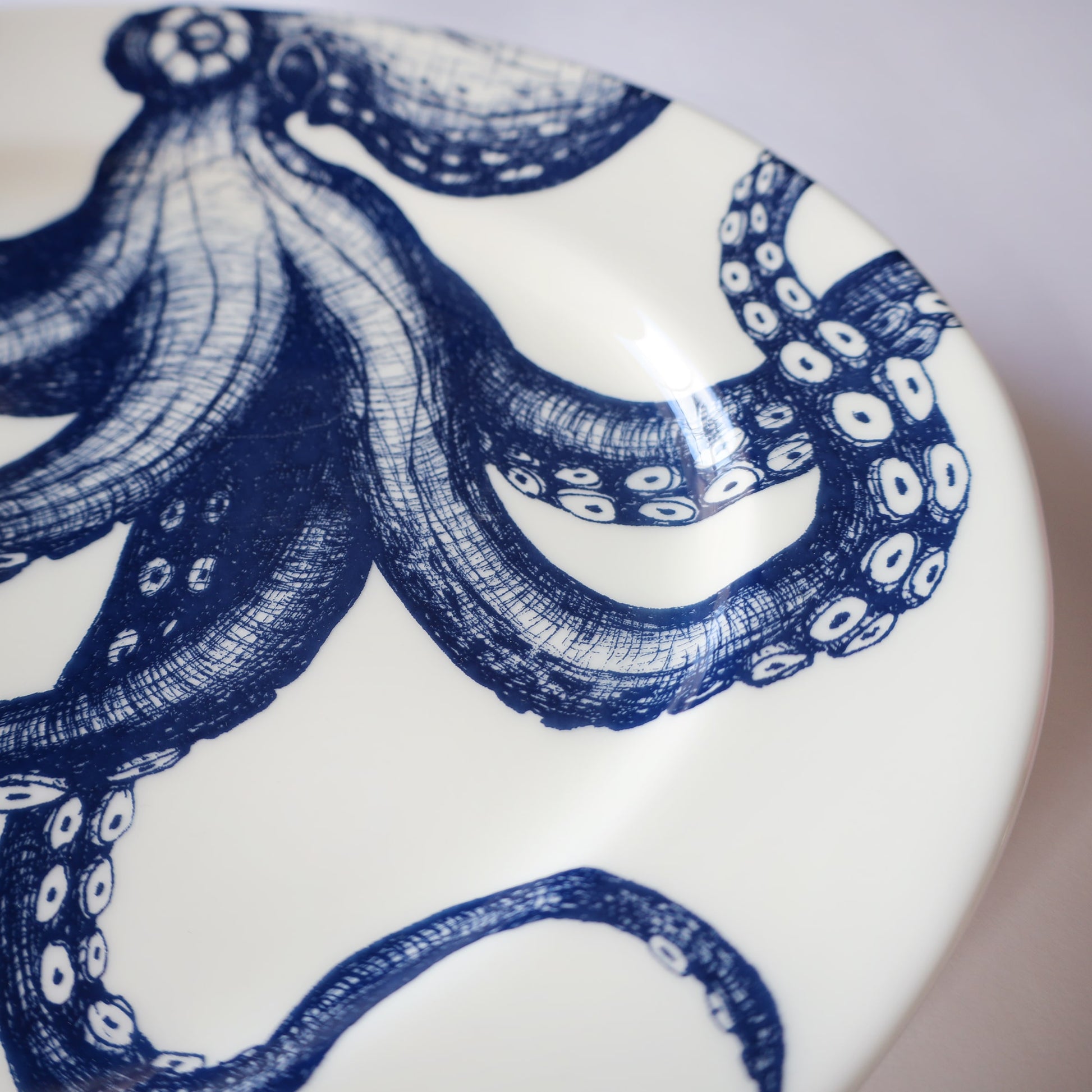 White plate with blue octopus design on a white background
