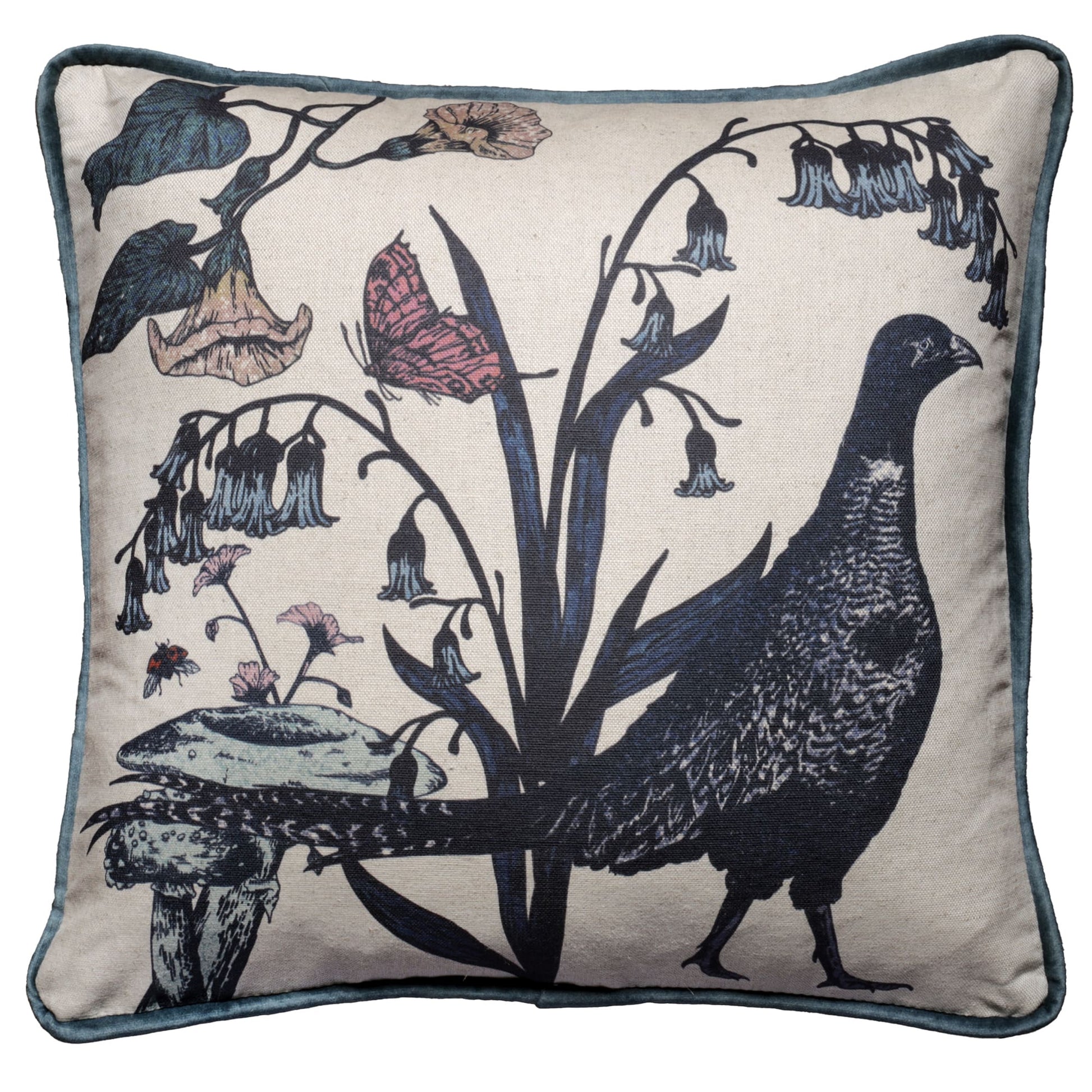 Square cushion featuring a vintage-style print of a pheasant standing among bluebells and wildflowers. The design includes detailed illustrations of a butterfly and a small insect on a natural linen-coloured background, bordered with a soft blue velvet piping.