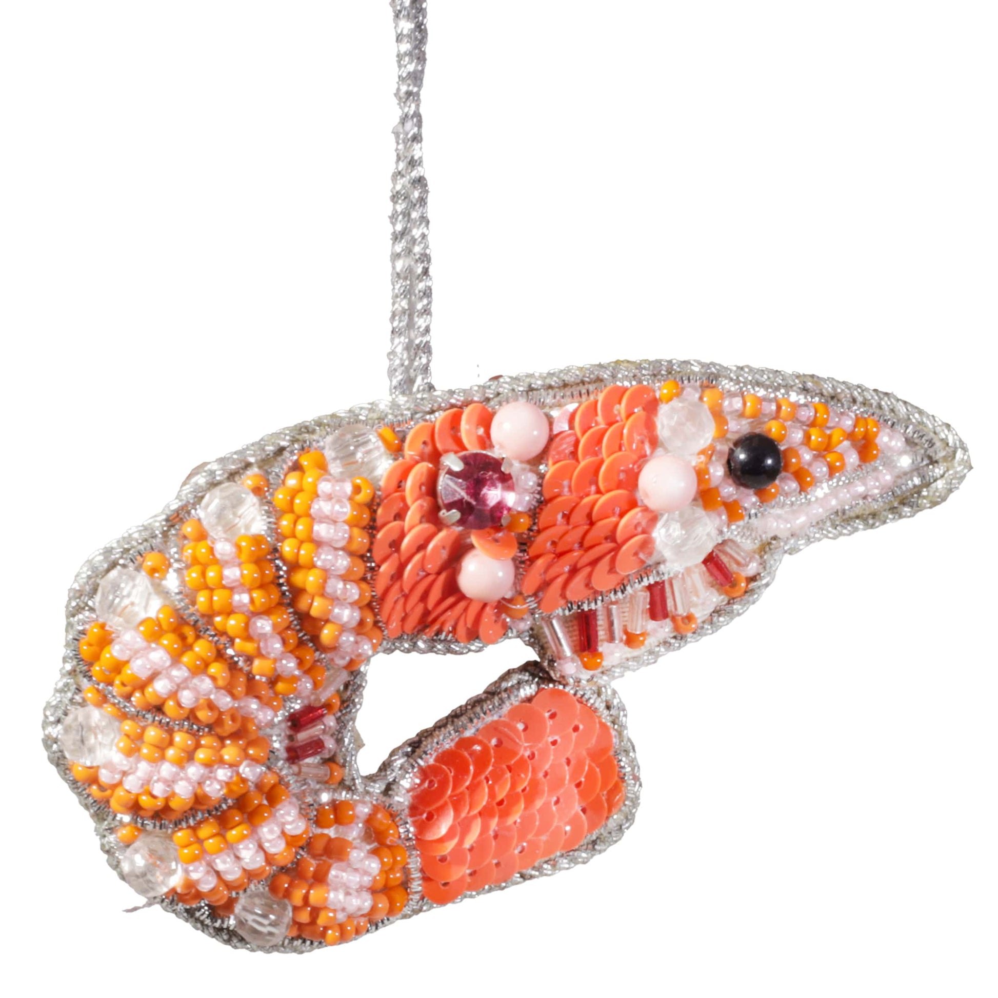 Decorative shrimp ornament with beads on a white background