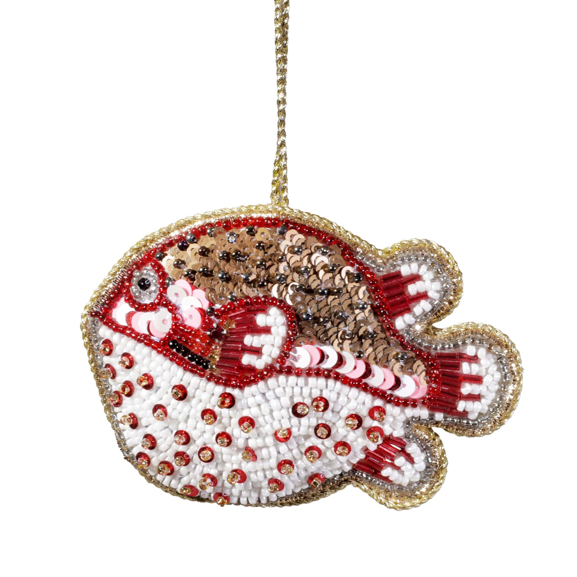 A beaded and sequined puffer fish decoration in red, white, and gold tones, featuring intricate detailing and hanging from a gold cord against a white background.