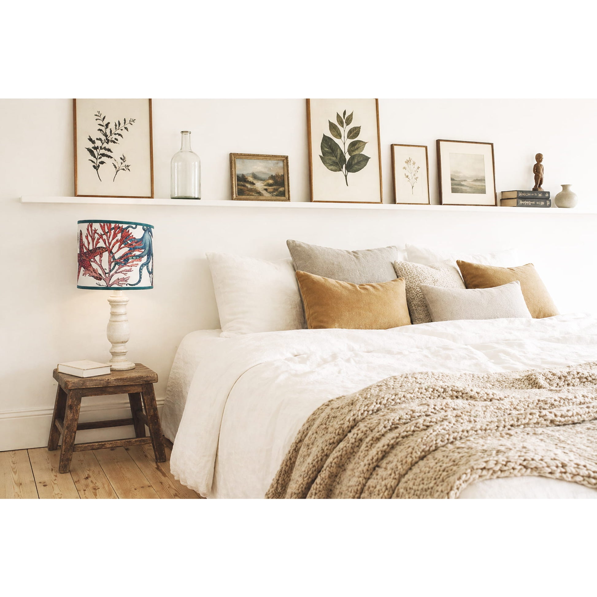 Neatly made bed with decorative pillows and a lamp on a wooden stool in a bedroom setting.
