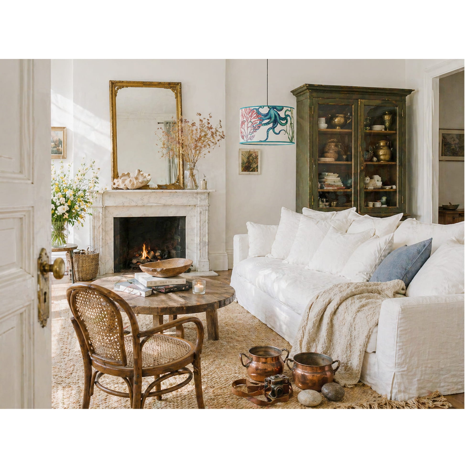 Living room with white sofa, wooden chair, and decorative items.